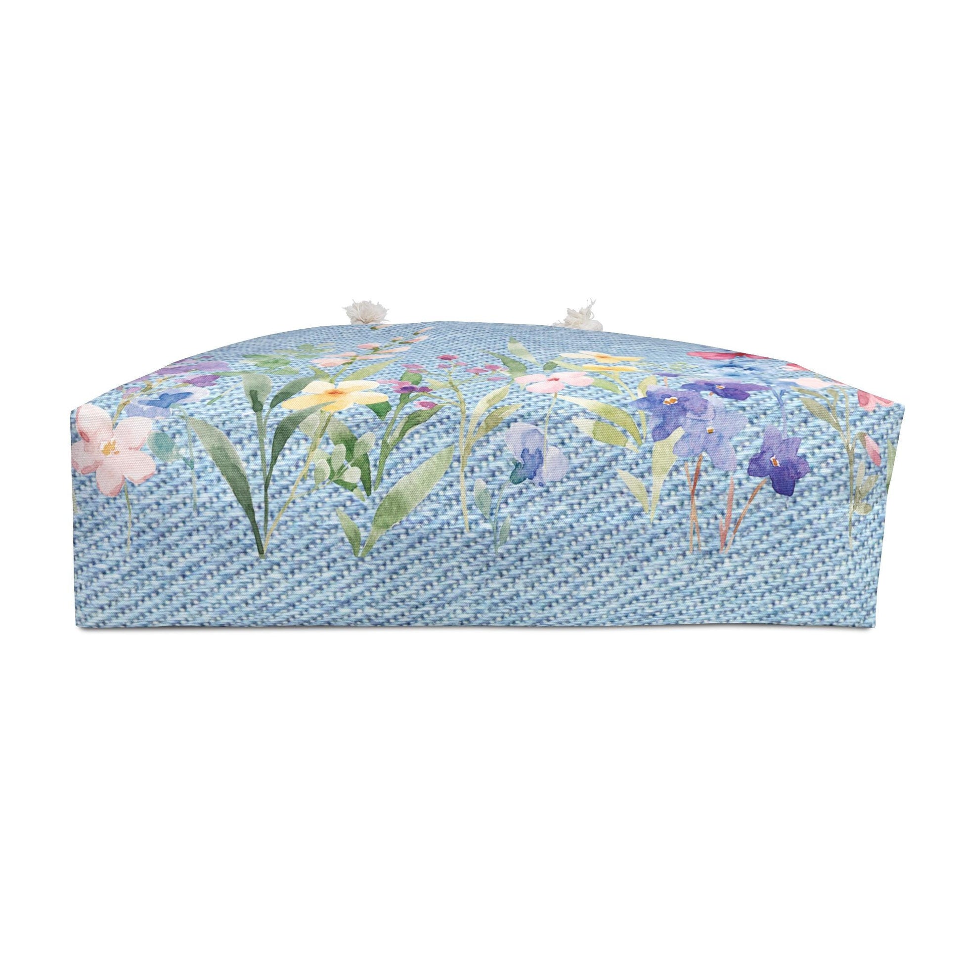 Floral Butterfly Weekender Bag - Watercolor Flower Travel Tote- Denim Style Overnight Bag -Spring Boho Beach Bag-Gift for Her