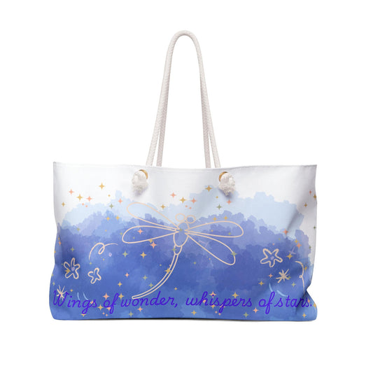 Celestial Weekender Bag with Dragonfly & Quote – Whimsical Starry Travel Tote, Boho Overnight Bag, Beach Gift for Her, Stardust Cove