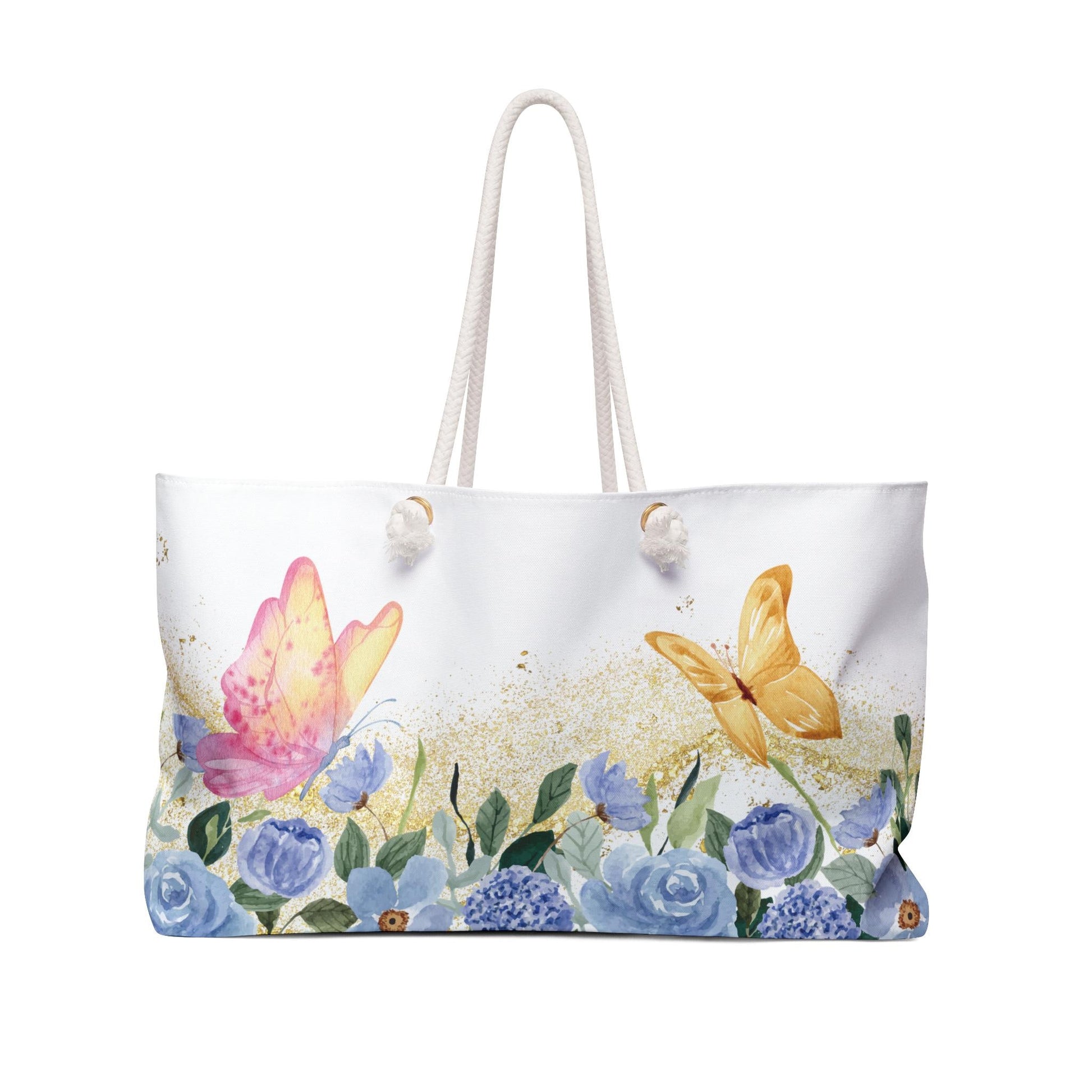 Butterfly Floral Weekender Bag - Large Beach Tote, Watercolor Blue Flowers, Gold Sparkle, Travel Bag Gift, Stardust Cove
