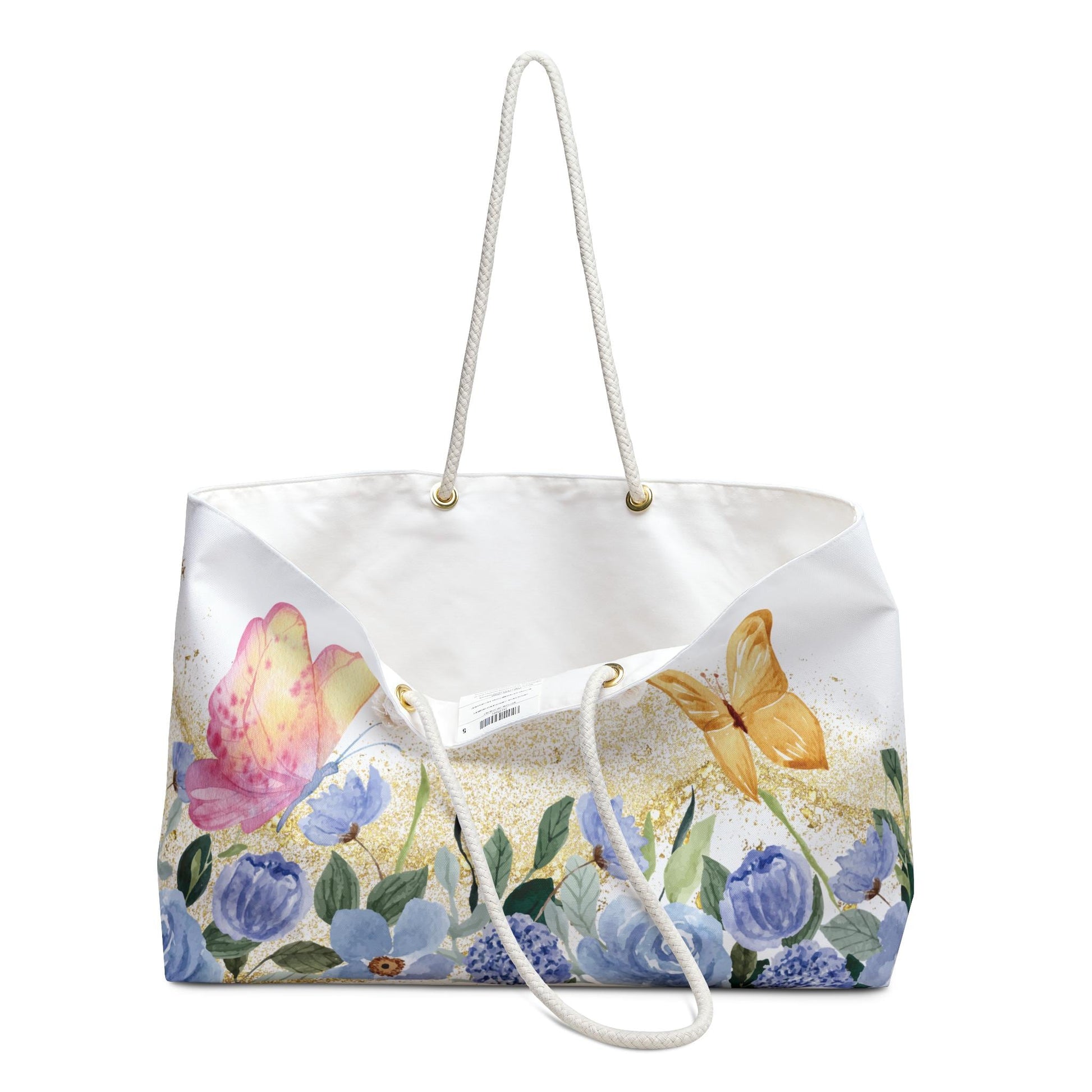 Butterfly Floral Weekender Bag - Large Beach Tote, Watercolor Blue Flowers, Gold Sparkle, Travel Bag Gift, Stardust Cove
