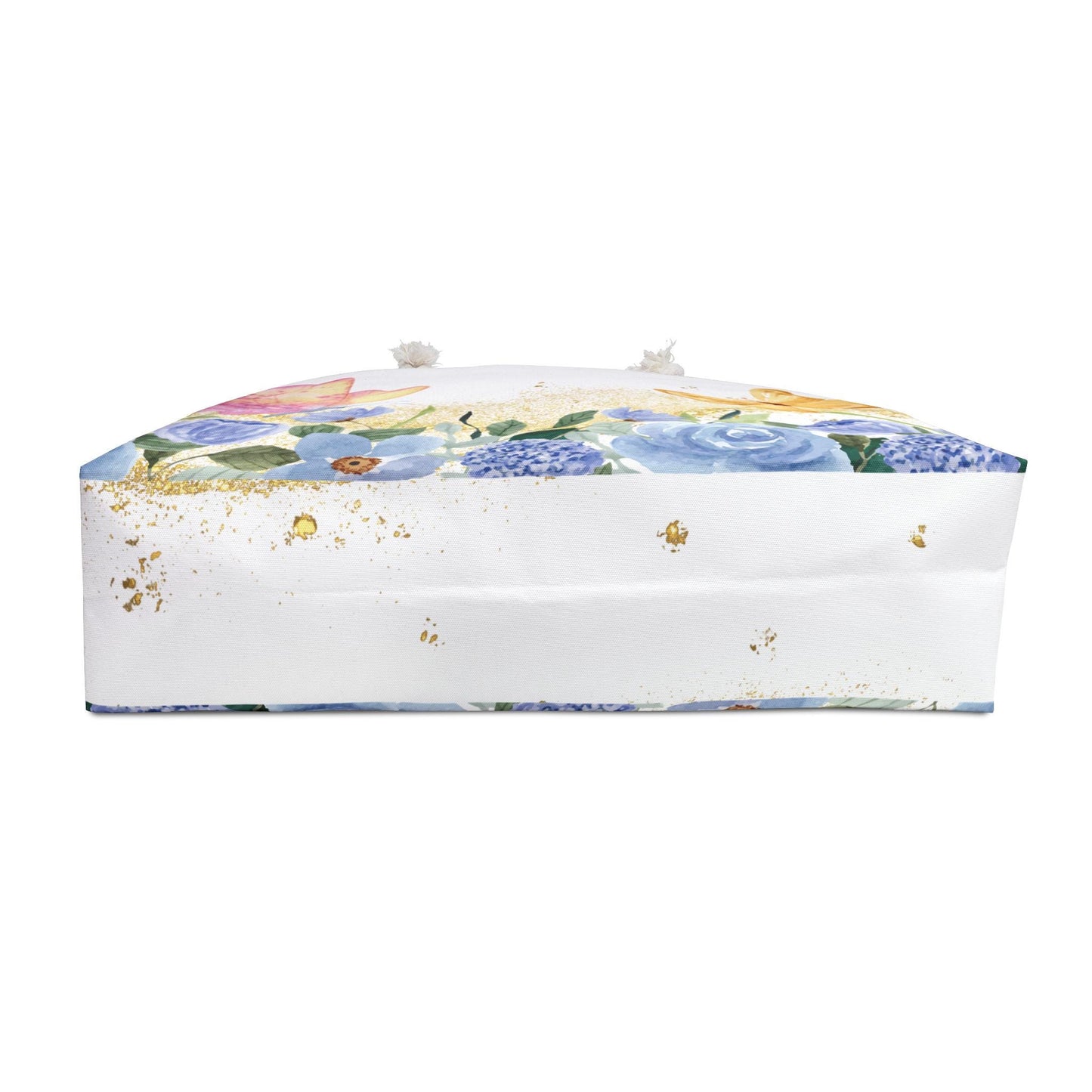 Butterfly Floral Weekender Bag - Large Beach Tote, Watercolor Blue Flowers, Gold Sparkle, Travel Bag Gift, Stardust Cove