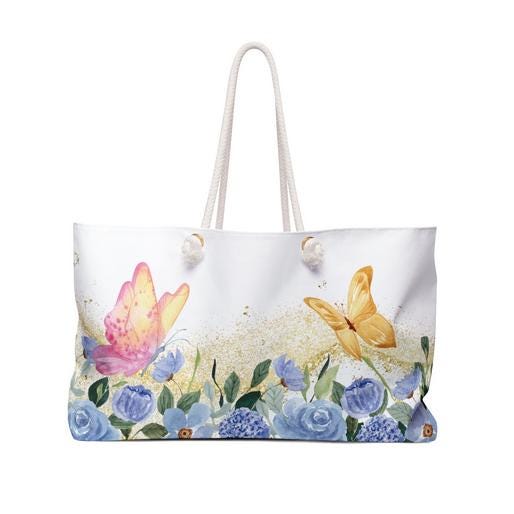Butterfly Floral Weekender Bag - Large Beach Tote, Watercolor Blue Flowers, Gold Sparkle, Travel Bag Gift, Stardust Cove