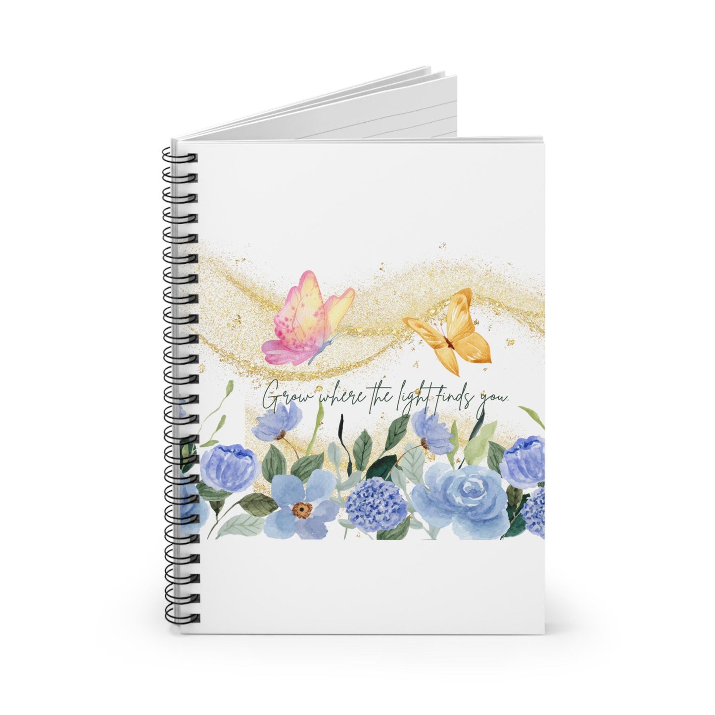 Inspirational Spiral Notebook - 'Grow Where the Light Finds You', Floral Butterfly Journal, Gift for Students, Nature Lovers, Spring,