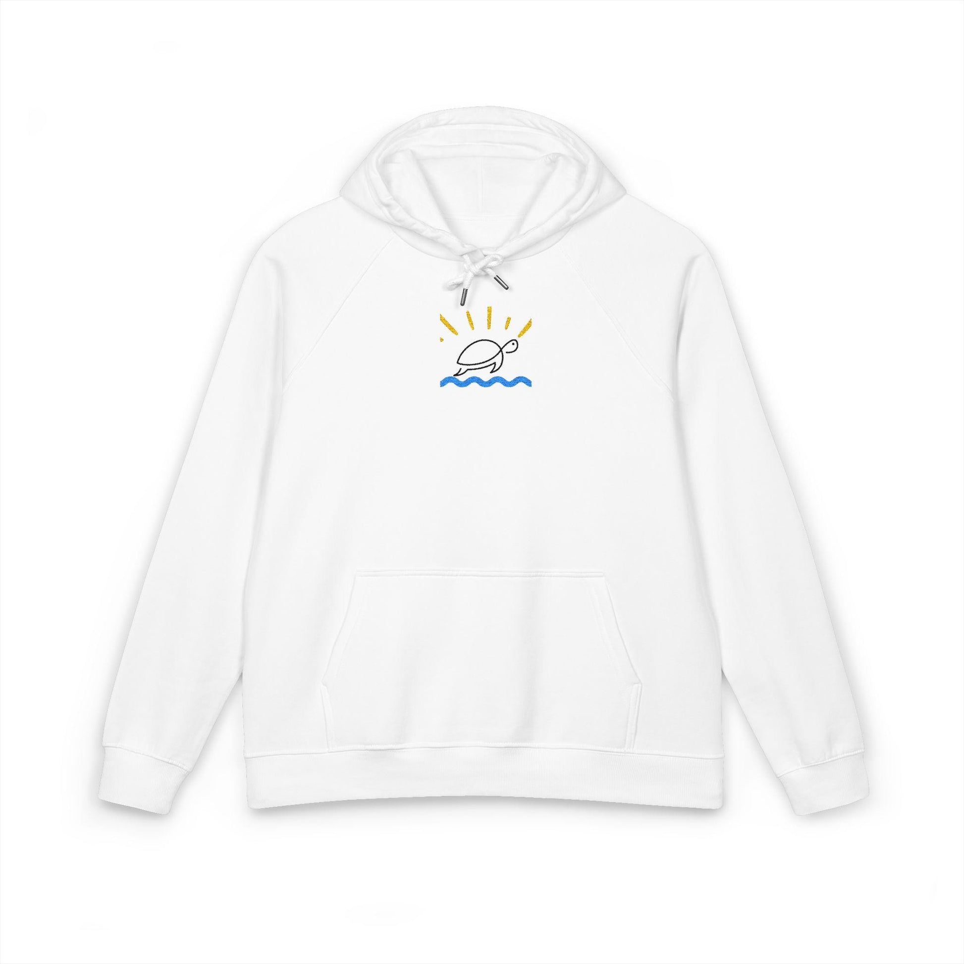 Sunshine & Ocean Unisex Eco Raglan Hoodie, Embroidered Nature Pullover, Eco-Friendly Sweatshirt, Casual Beachwear, Gift for Outdoor Lovers