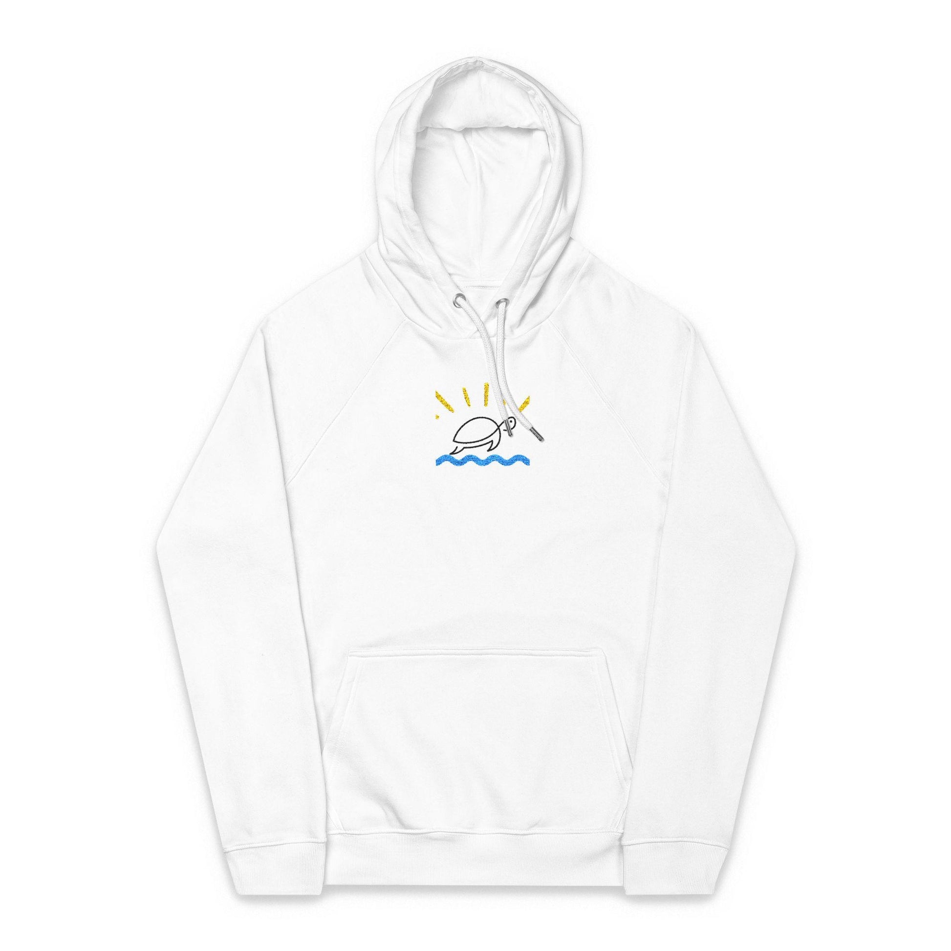 Sunshine & Ocean Unisex Eco Raglan Hoodie, Embroidered Nature Pullover, Eco-Friendly Sweatshirt, Casual Beachwear, Gift for Outdoor Lovers