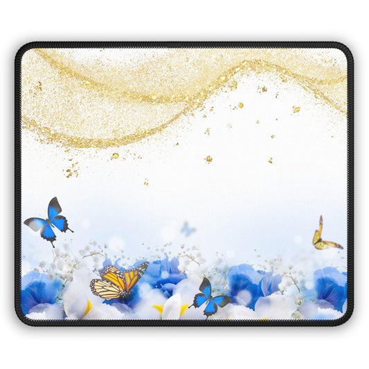 Butterfly Floral Gaming Mouse Pad | Blue & Gold Aesthetic Desk Mat | Large Mousepad for Gamer Girl Setup | Cute Office Gift for Her