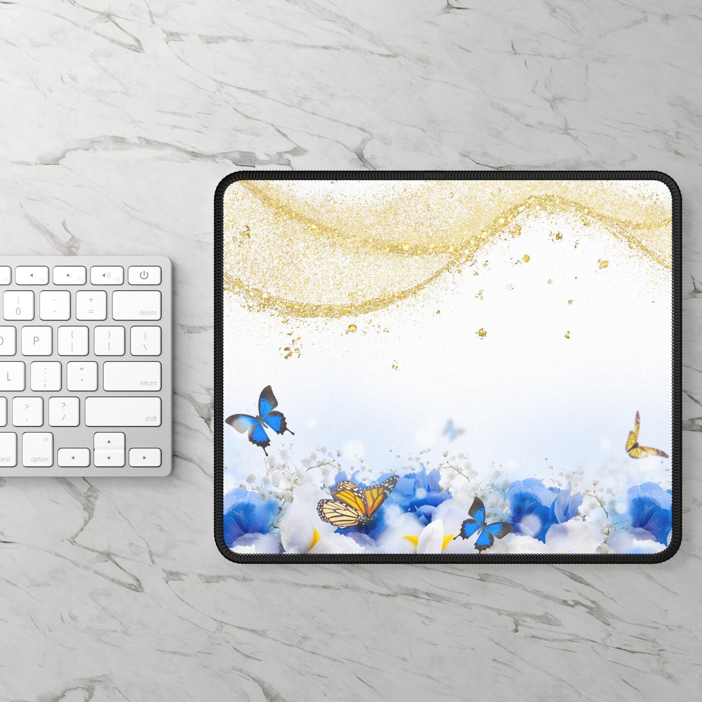 Butterfly Floral Gaming Mouse Pad | Blue & Gold Aesthetic Desk Mat | Large Mousepad for Gamer Girl Setup | Cute Office Gift for Her