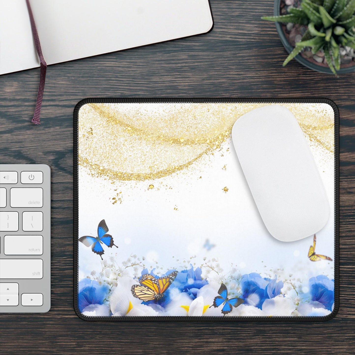 Butterfly Floral Gaming Mouse Pad | Blue & Gold Aesthetic Desk Mat | Large Mousepad for Gamer Girl Setup | Cute Office Gift for Her