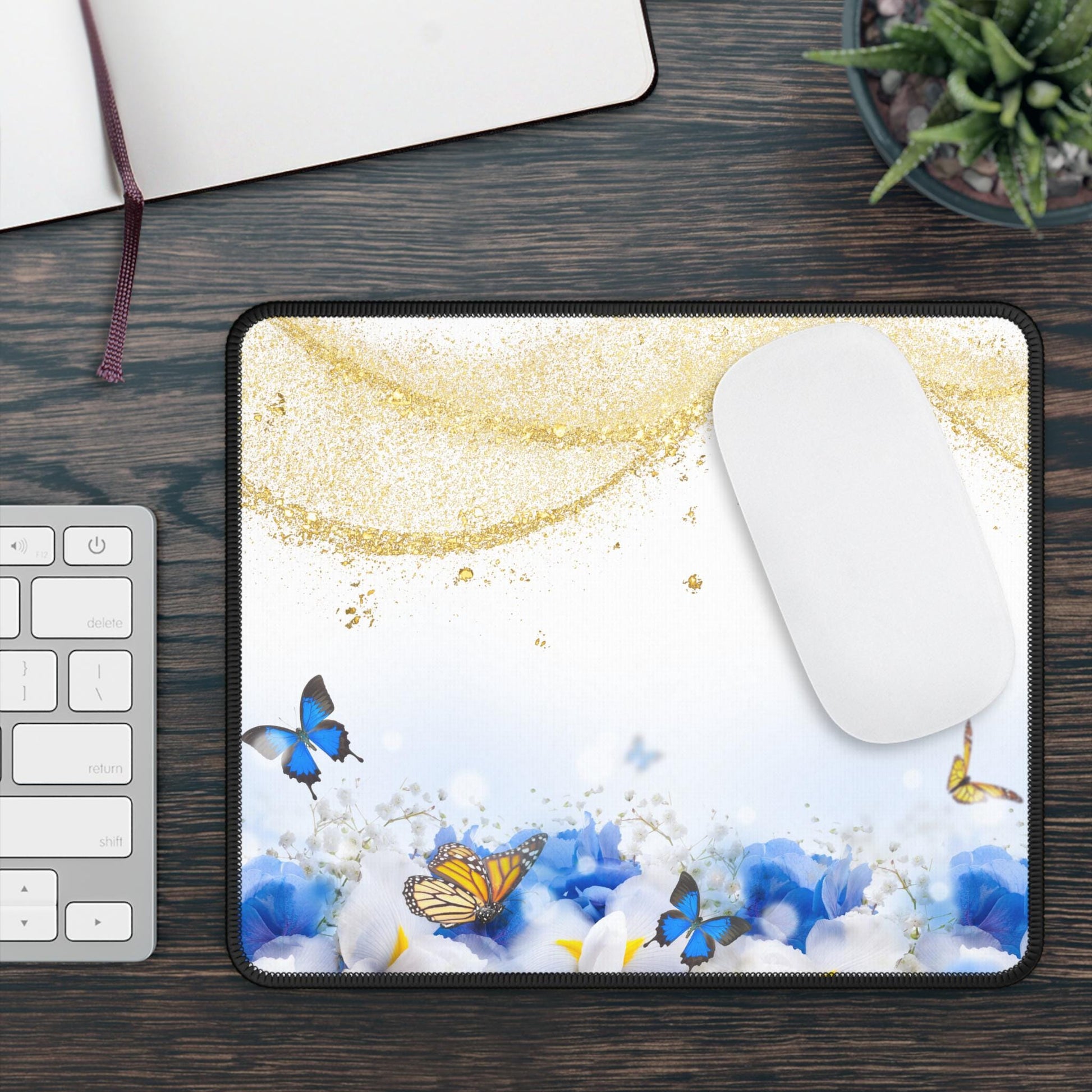 Butterfly Floral Gaming Mouse Pad | Blue & Gold Aesthetic Desk Mat | Large Mousepad for Gamer Girl Setup | Cute Office Gift for Her