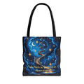 Tote bag with celestial design and text on a white background