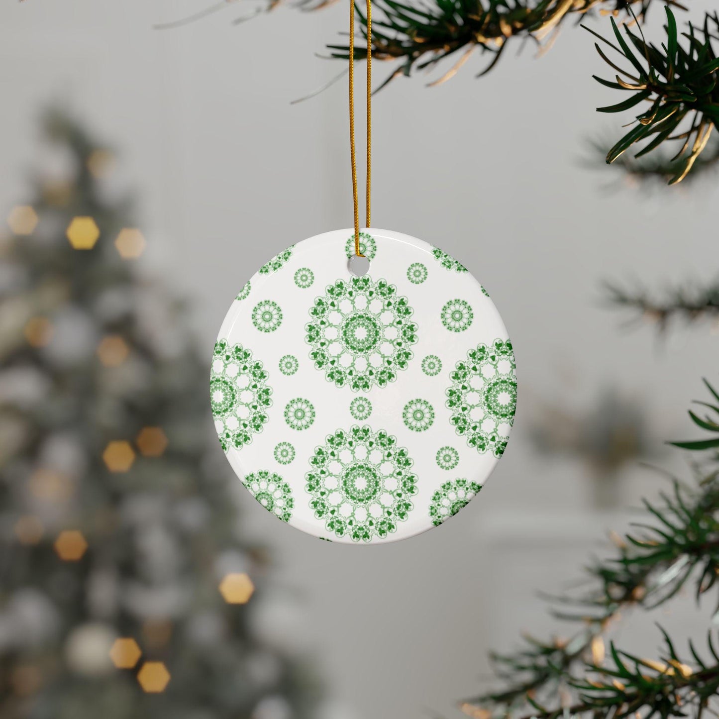 Ceramic Ornament Set - Beautiful Green Floral Design, Ideal for Christmas Tree, Gift Tags, Home Decor, Holiday Celebrations, 2-Side Print