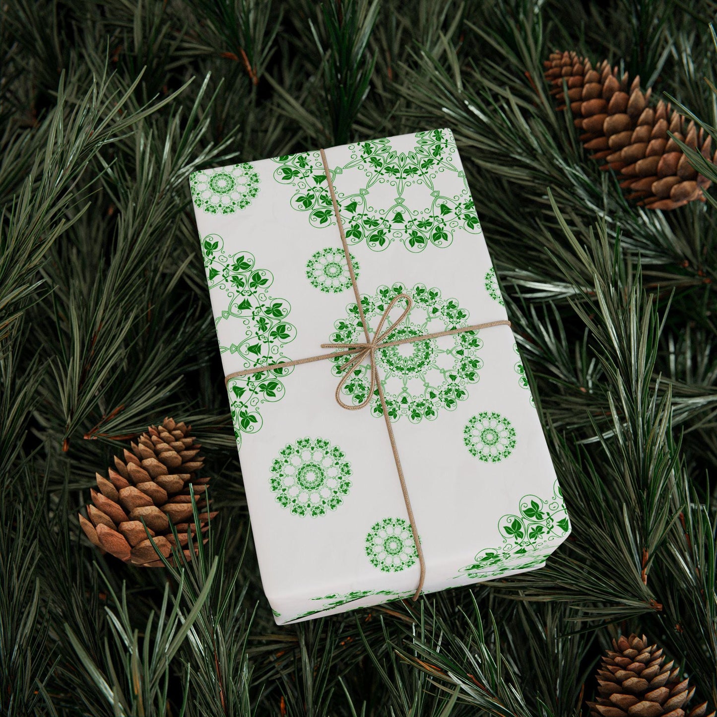 Green Mandala Wrapping Paper, Eco Friendly Gift Wrap, Floral Nature Gift Wrap, Holiday Birthday Packaging, Boho Botanical Gift Wrap