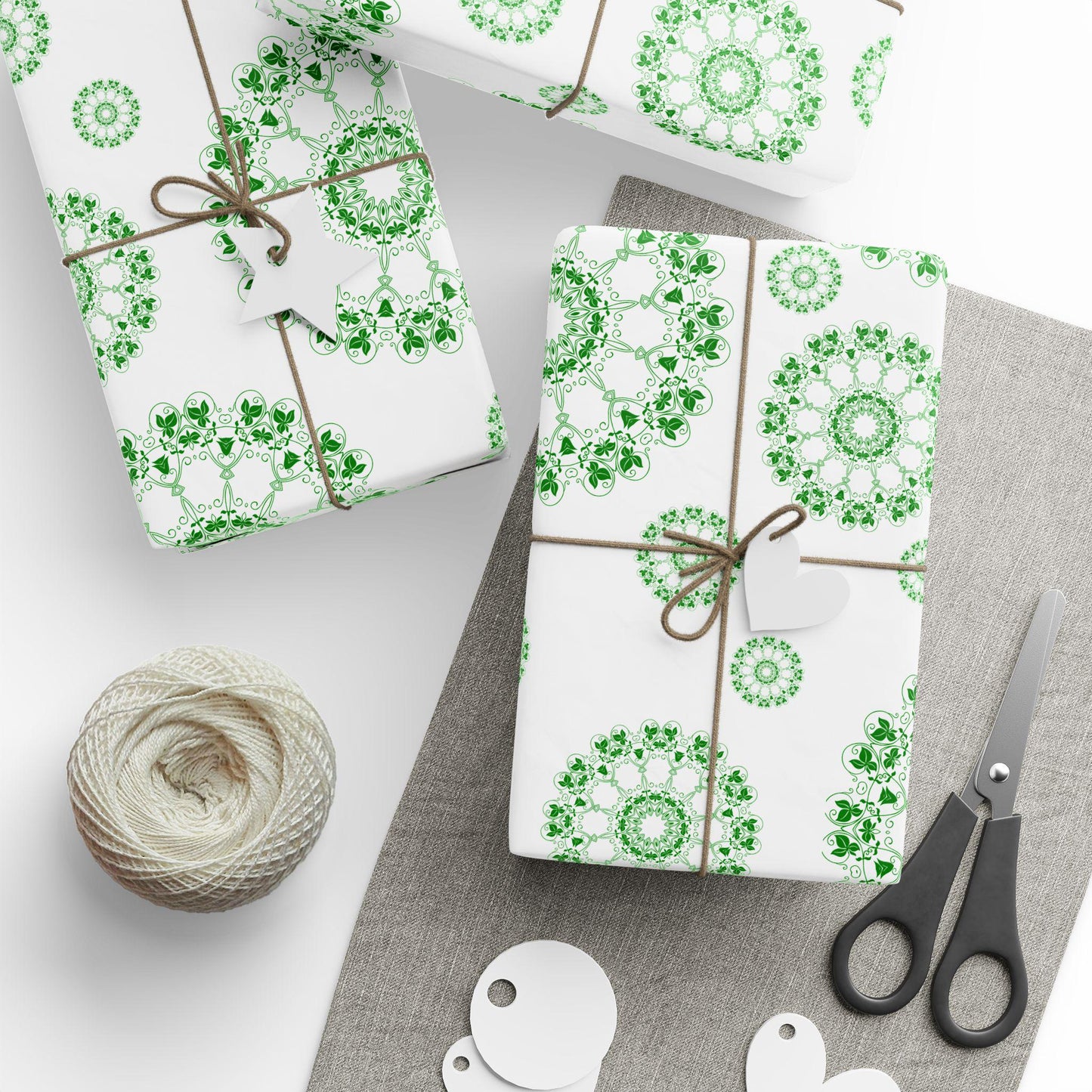 Green Mandala Wrapping Paper, Eco Friendly Gift Wrap, Floral Nature Gift Wrap, Holiday Birthday Packaging, Boho Botanical Gift Wrap