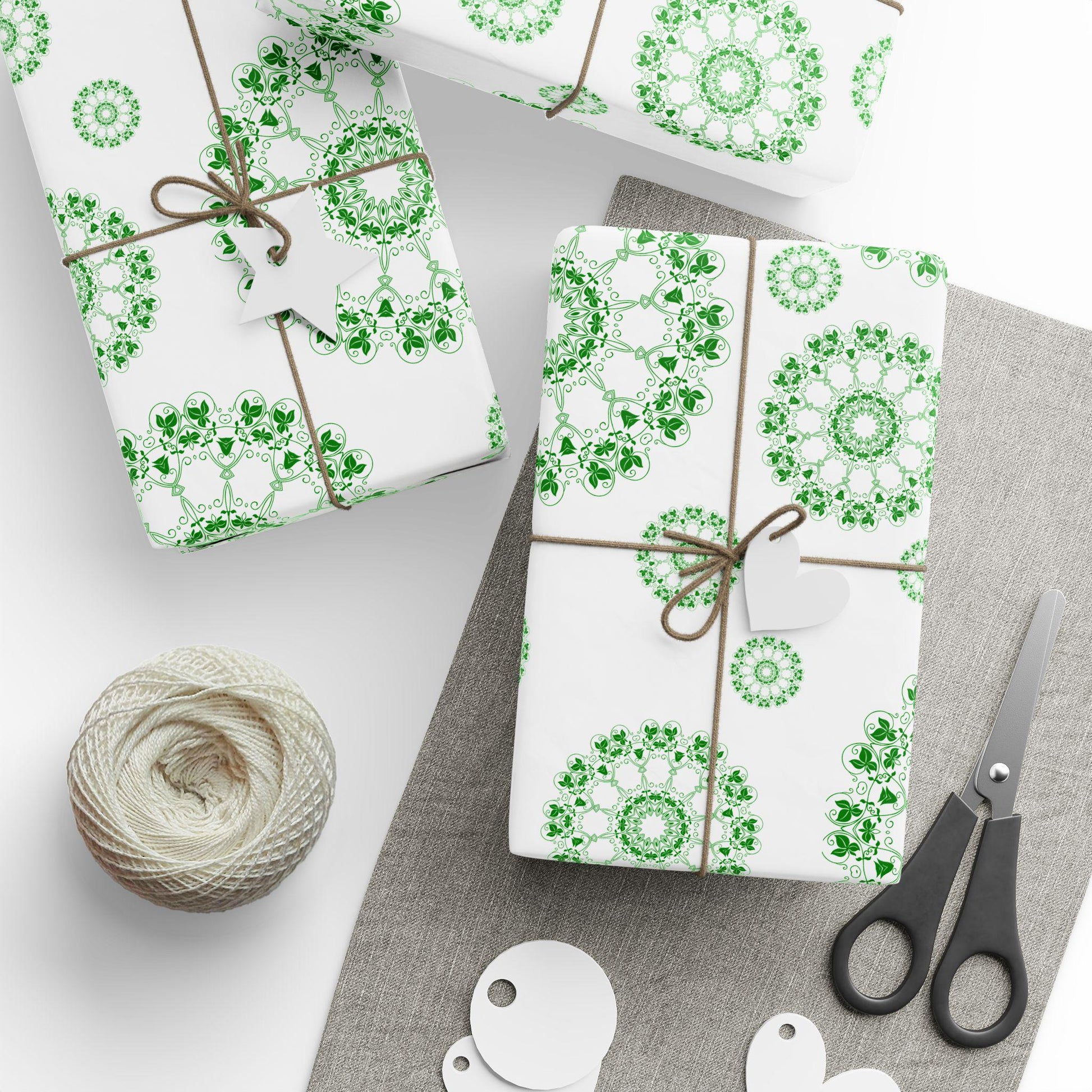 Green Mandala Wrapping Paper, Eco Friendly Gift Wrap, Floral Nature Gift Wrap, Holiday Birthday Packaging, Boho Botanical Gift Wrap