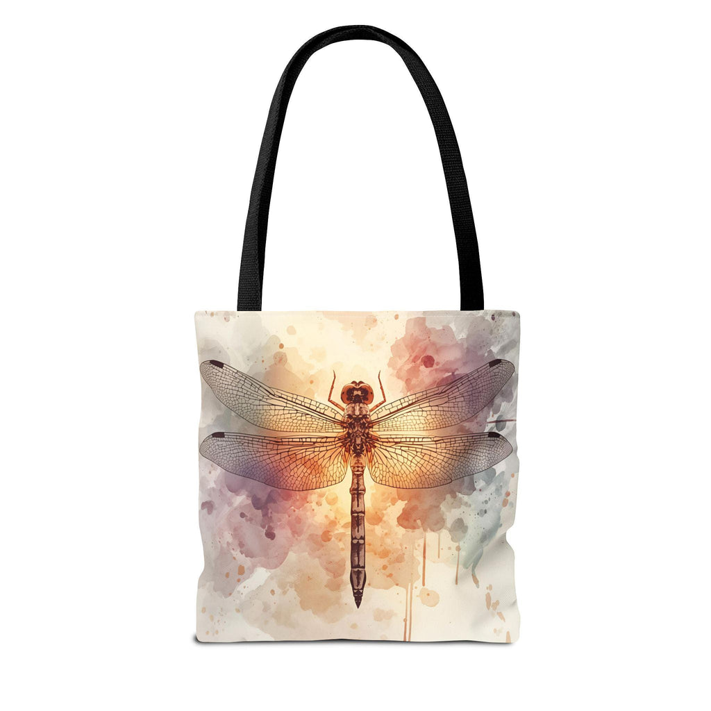 Watercolor Dragonfly Tote Bag flat lay — vintage dragonfly illustration on soft watercolor wash background in cream, blush, and sage tones, black handle

