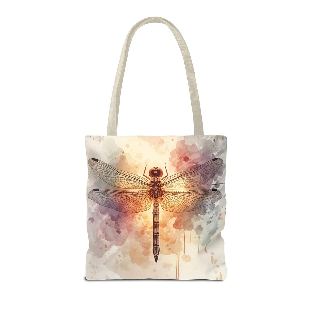 Watercolor Dragonfly Tote Bag flat lay — vintage dragonfly illustration on soft watercolor wash background in cream, blush, and sage tones, natural canvas handle
