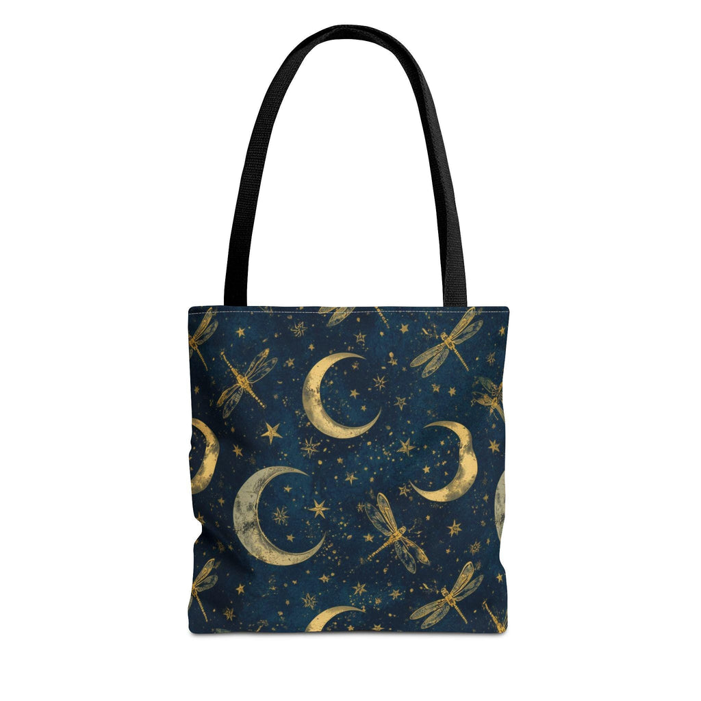 Golden Crescent Moon Dragonfly Tote Bag | Celestial Night Sky Stars Pattern