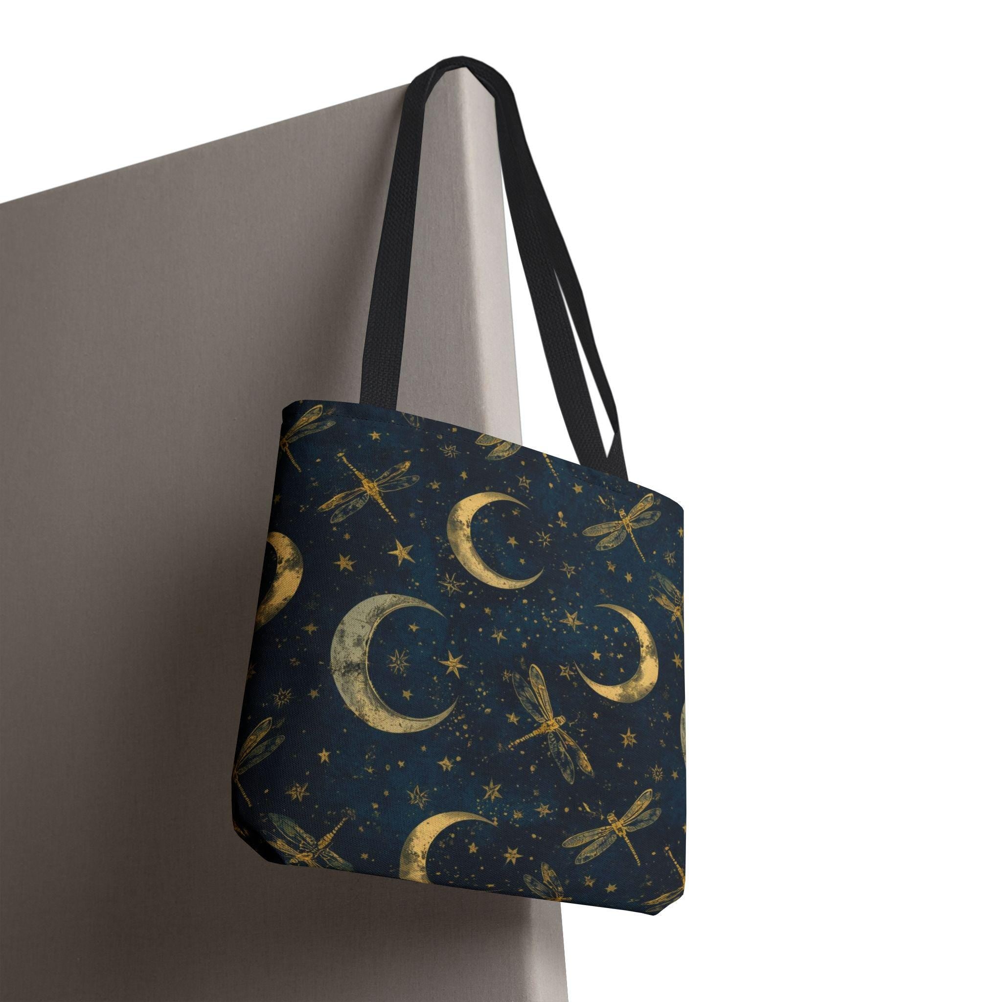 Golden Crescent Moon Dragonfly Tote Bag | Celestial Night Sky Stars Pattern
