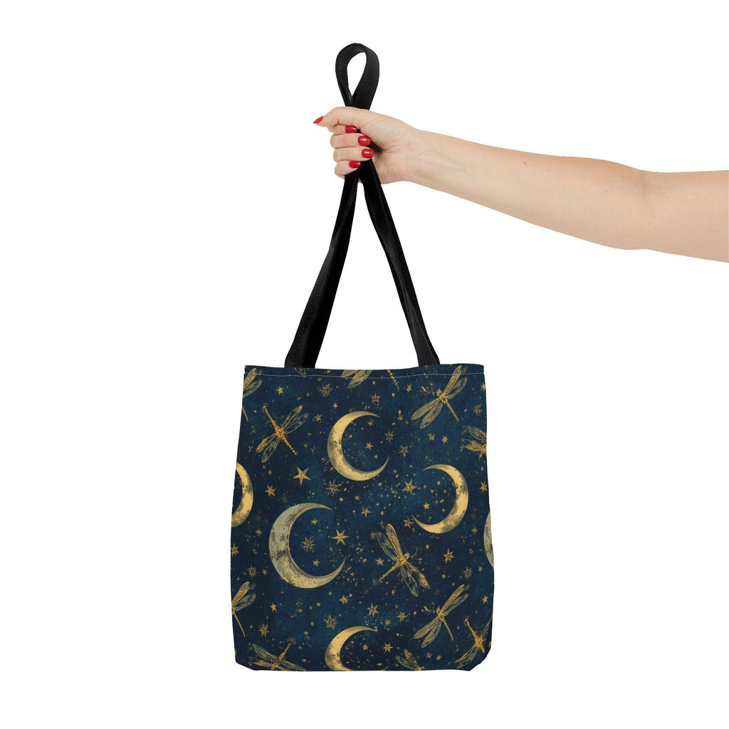 Golden Crescent Moon Dragonfly Tote Bag | Celestial Night Sky Stars Pattern