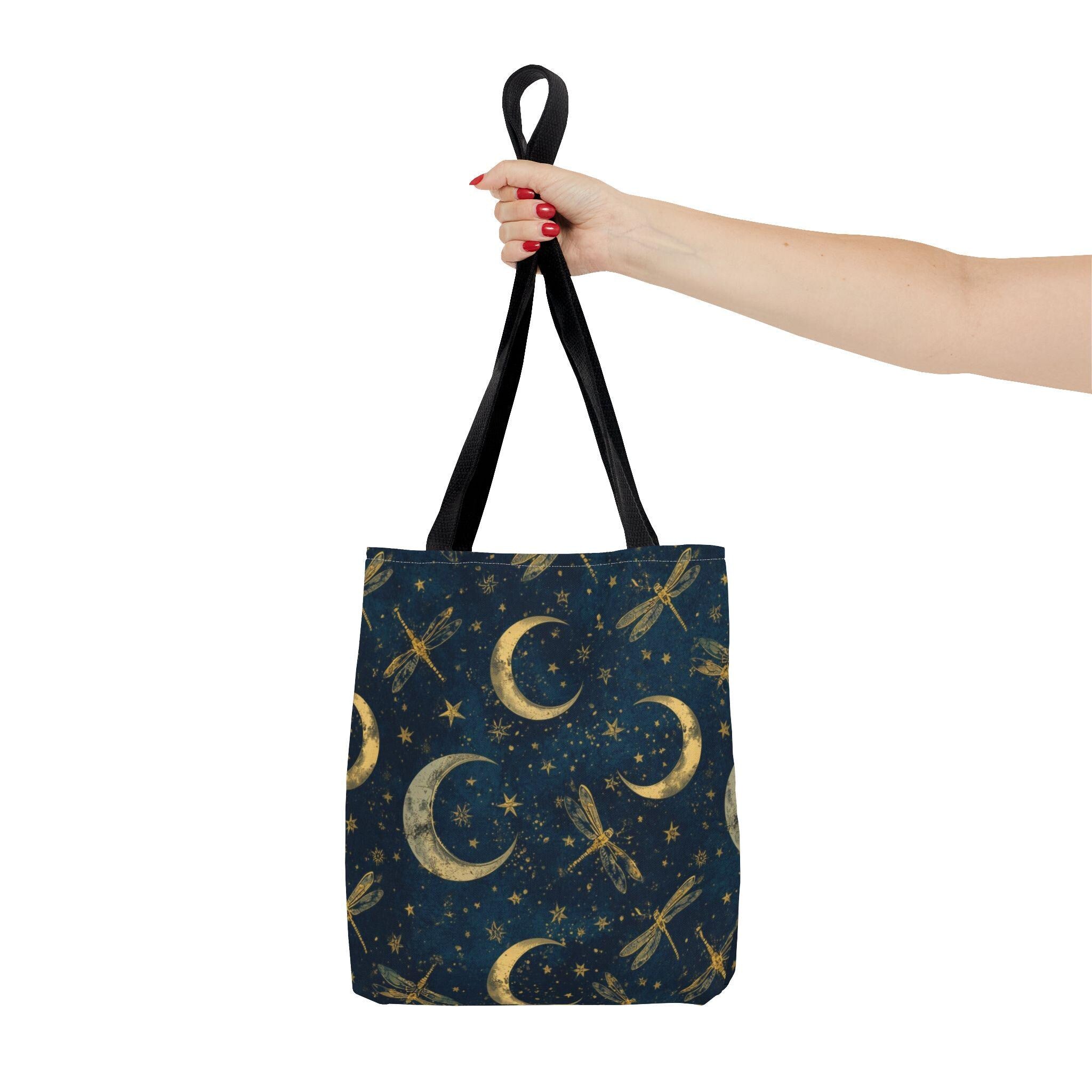 Golden Crescent Moon Dragonfly Tote Bag | Celestial Night Sky Stars Pattern