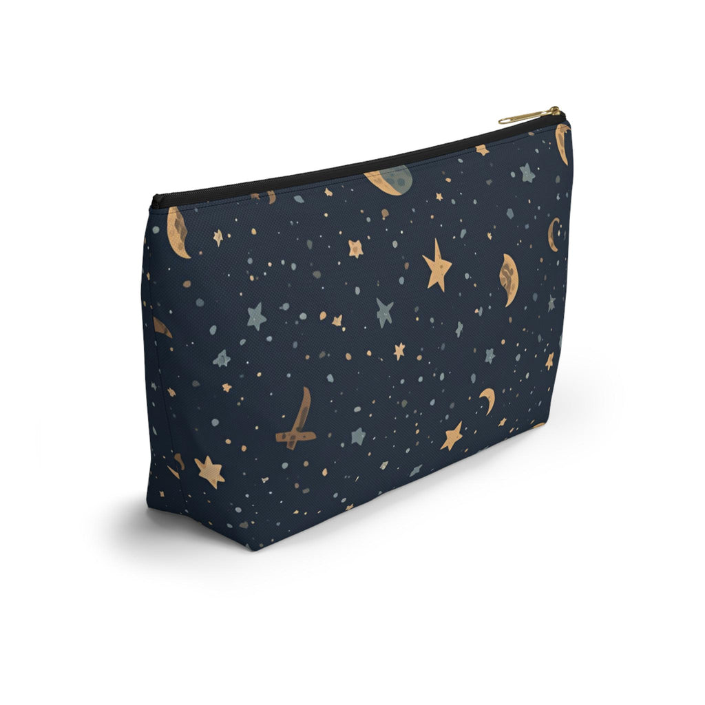 Celestial moon and stars T-bottom cosmetic pouch front view — navy blue with gold star and crescent moon print
