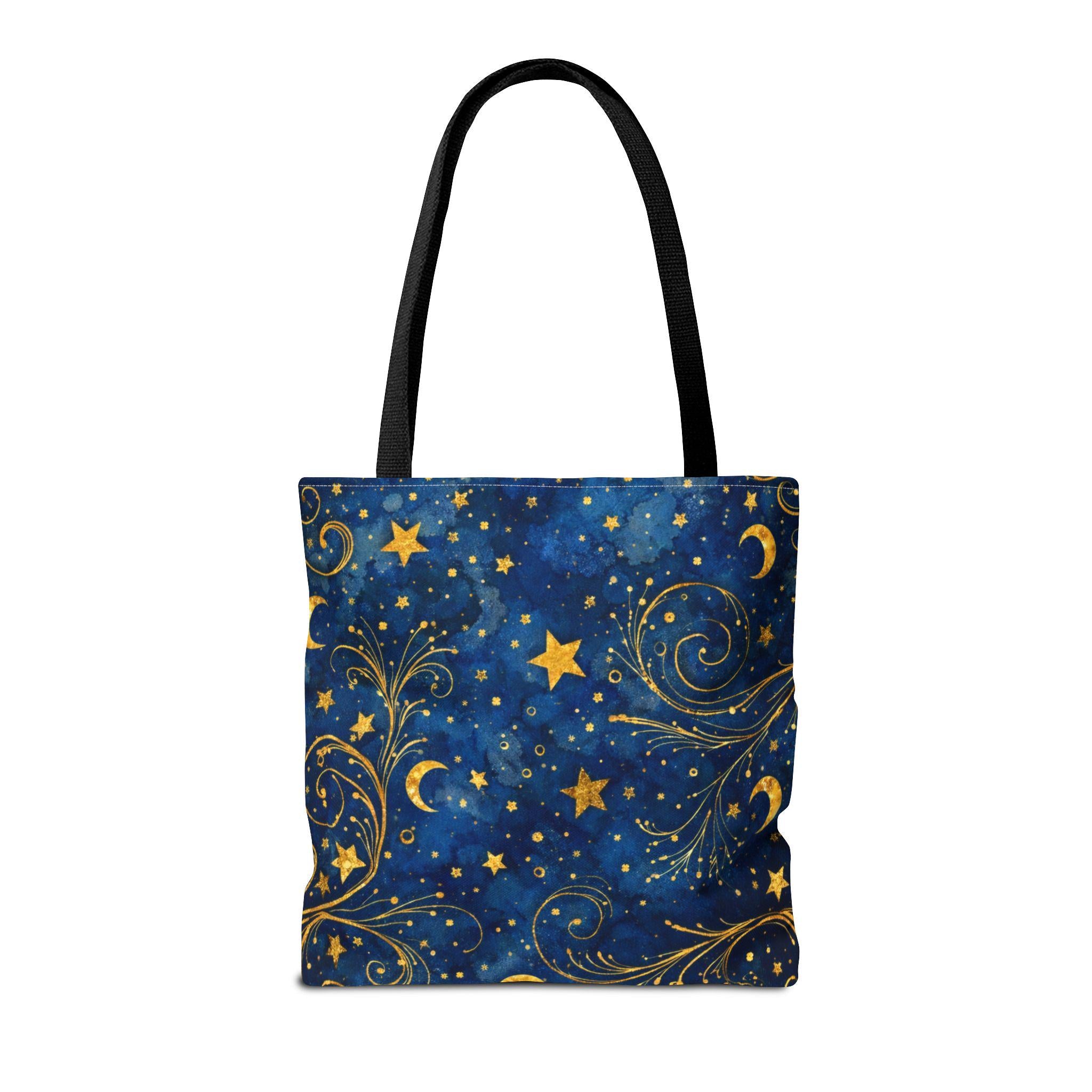 Celestial Navy Blue Tote Bag — gold stars crescent moons and swirl pattern, boho night sky canvas bag