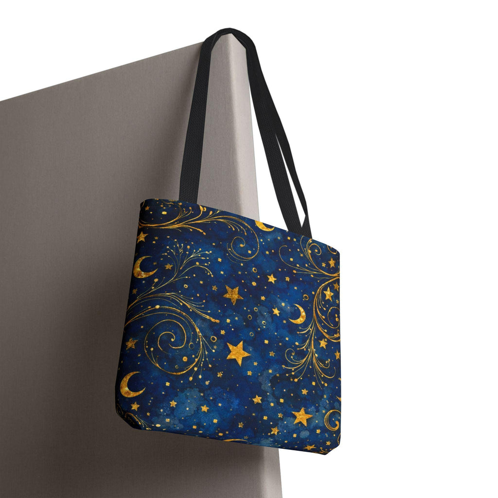 Celestial Navy Blue Tote Bag with black handle — gold stars and crescent moon pattern on canvas
