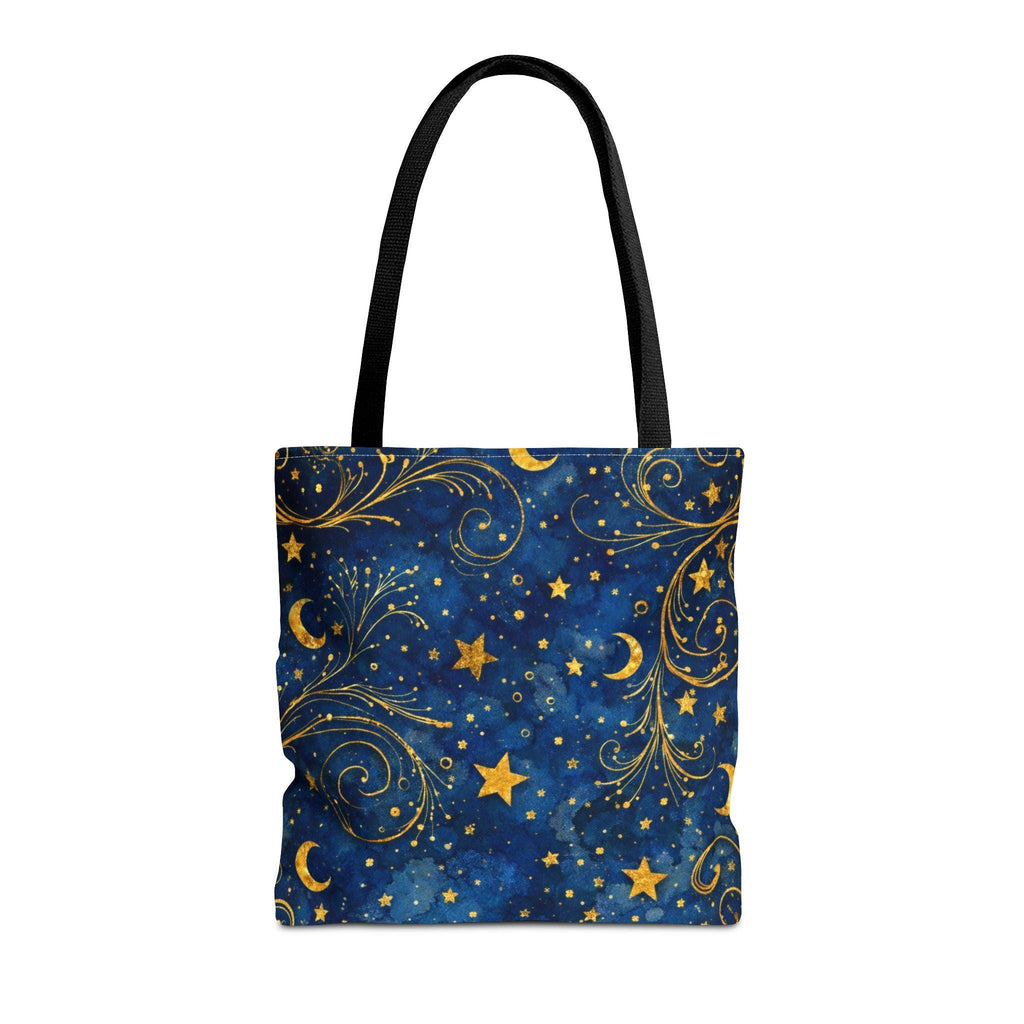 Celestial Navy Blue Tote Bag flat lay — gold stars moons and swirls pattern on deep blue canvas, black handle