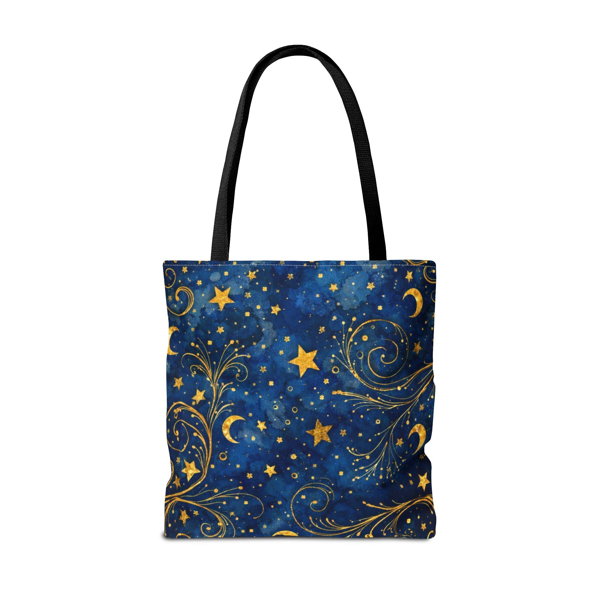 Celestial Navy Blue Tote Bag product shot — gold moon stars and swirl pattern, boho night sky canvas bag, made to order
