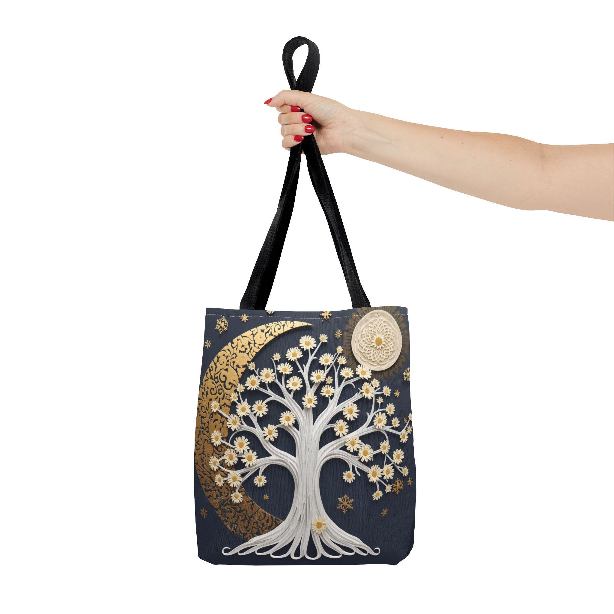Celestial Moon Tree Tote Bag - Crescent Moon Floral Night Sky Boho Canvas Bag