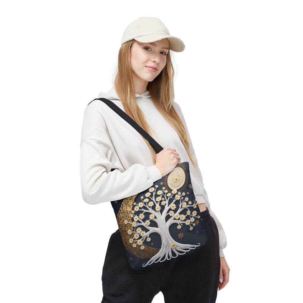 Celestial Moon Tree Tote Bag - Crescent Moon Floral Night Sky Boho Canvas Bag