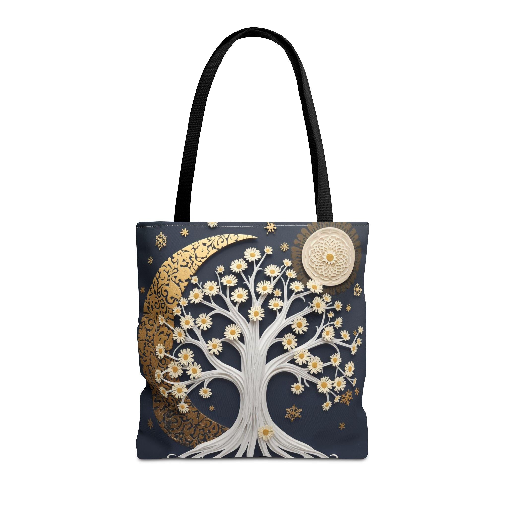 Celestial Moon Tree Tote Bag - Crescent Moon Floral Night Sky Boho Canvas Bag