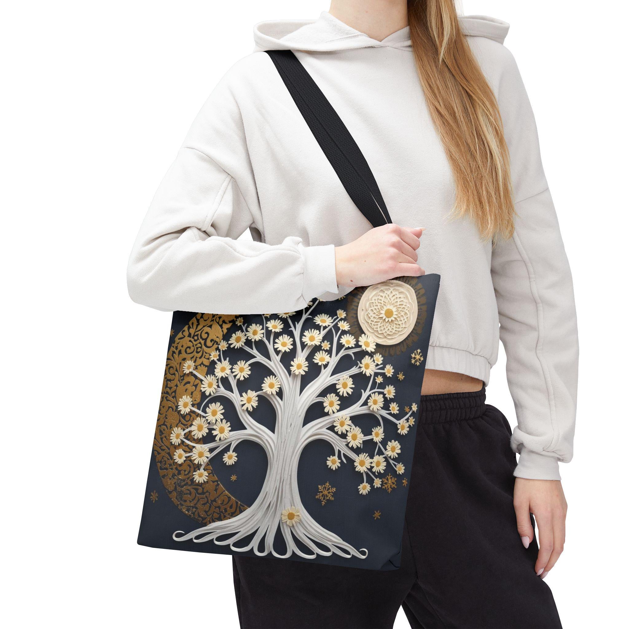 Celestial Moon Tree Tote Bag - Crescent Moon Floral Night Sky Boho Canvas Bag