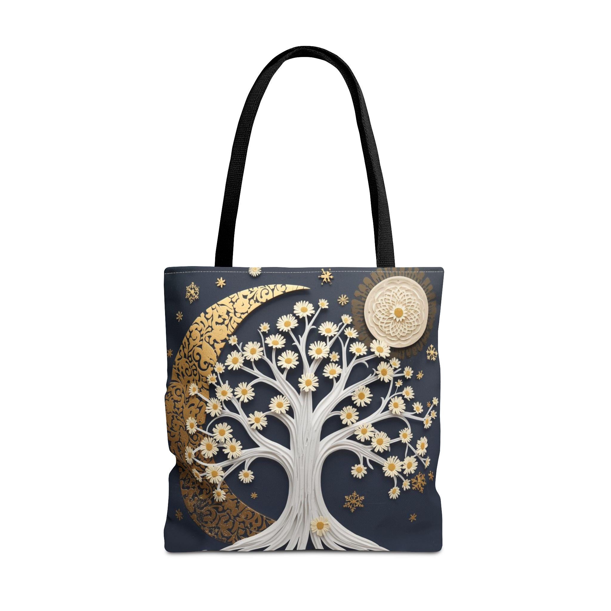 Celestial Moon Tree Tote Bag - Crescent Moon Floral Night Sky Boho Canvas Bag