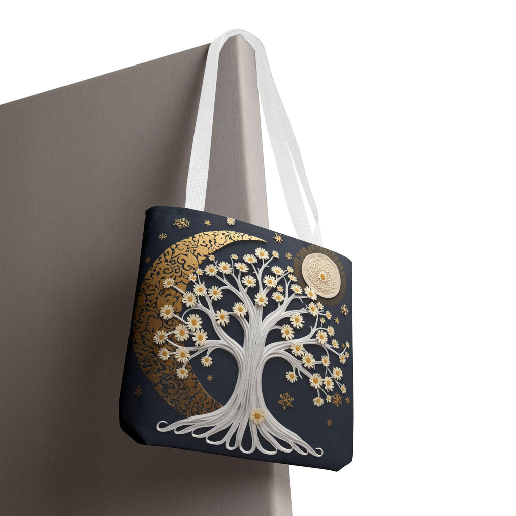 Celestial Moon Tree Tote Bag - Crescent Moon Floral Night Sky Boho Canvas Bag