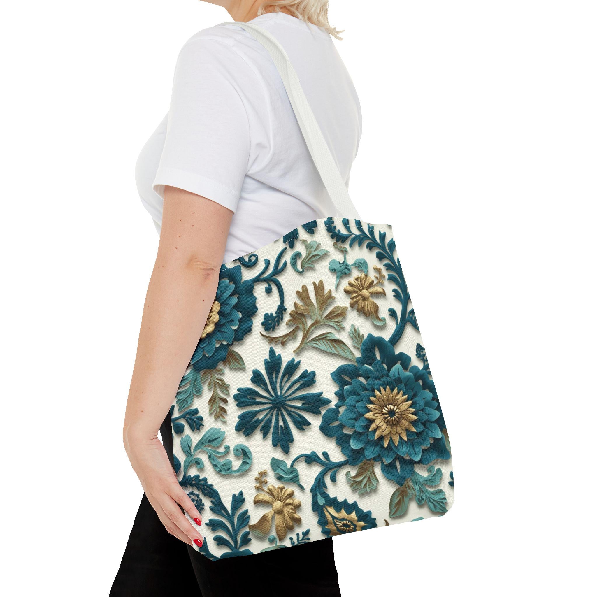 Teal Floral Damask Tote Bag - Botanical Art Nouveau Cottagecore Canvas Bag