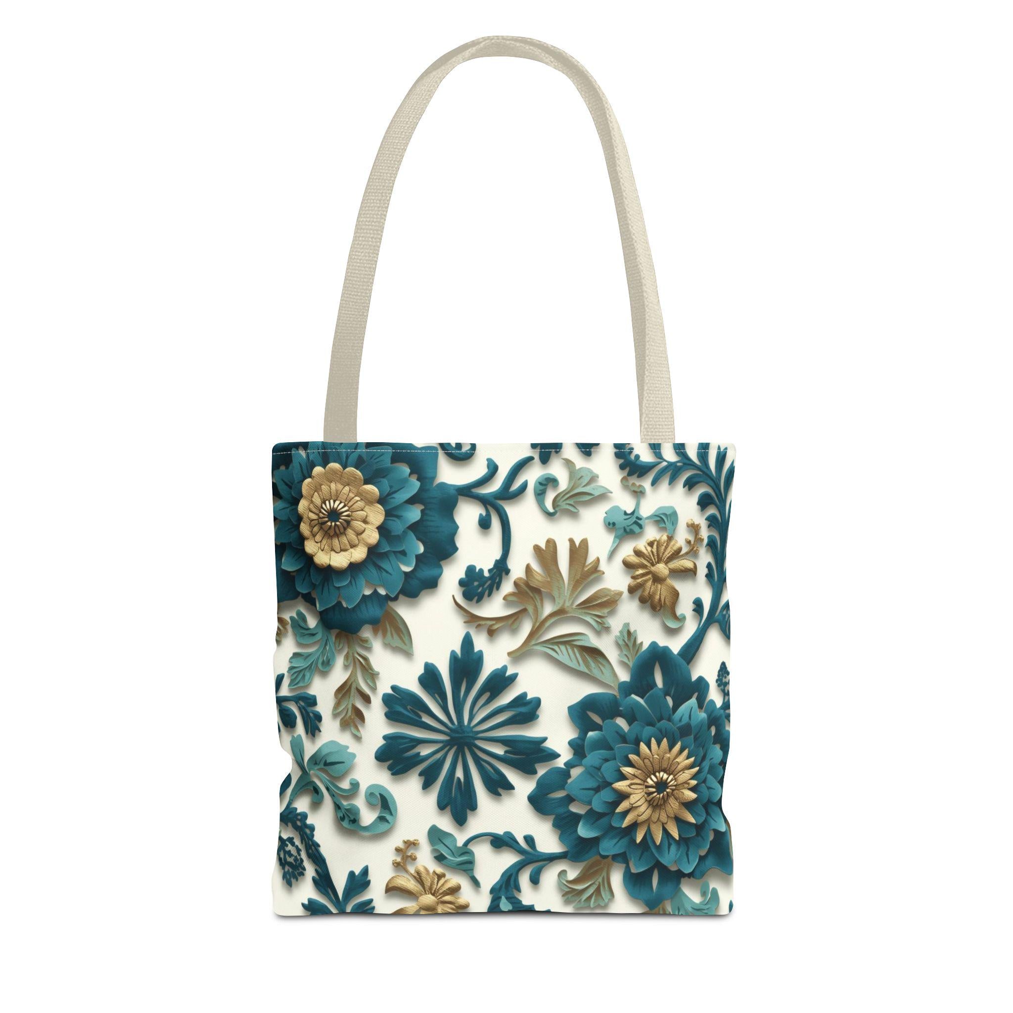Teal Floral Damask Tote Bag - Botanical Art Nouveau Cottagecore Canvas Bag