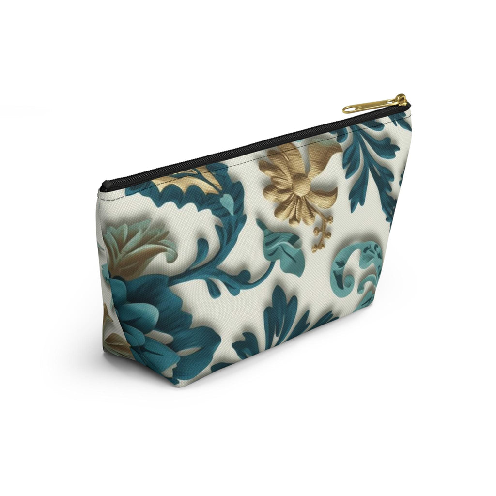 Teal Floral Damask Accessory Pouch - Botanical Art Nouveau Cosmetic Bag