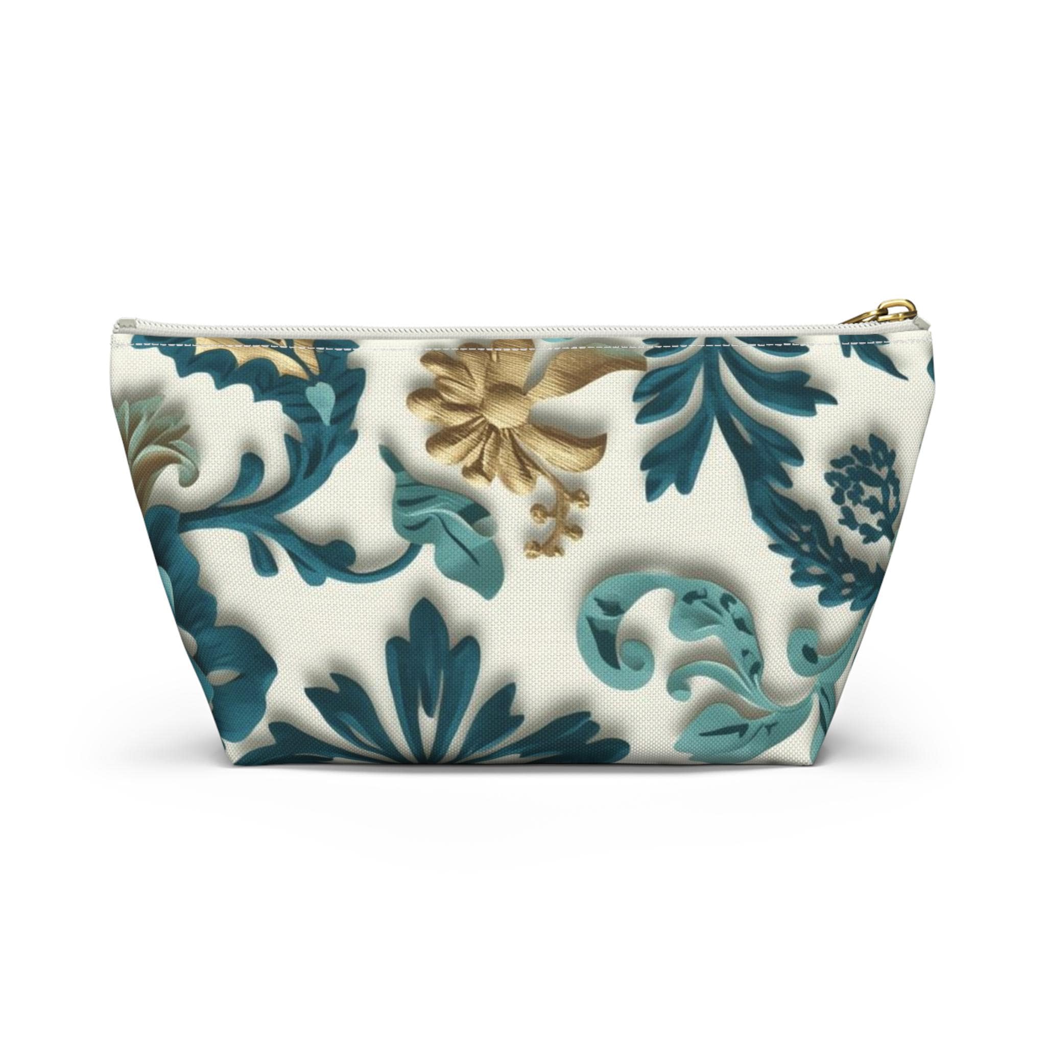 Teal Floral Damask Accessory Pouch - Botanical Art Nouveau Cosmetic Bag