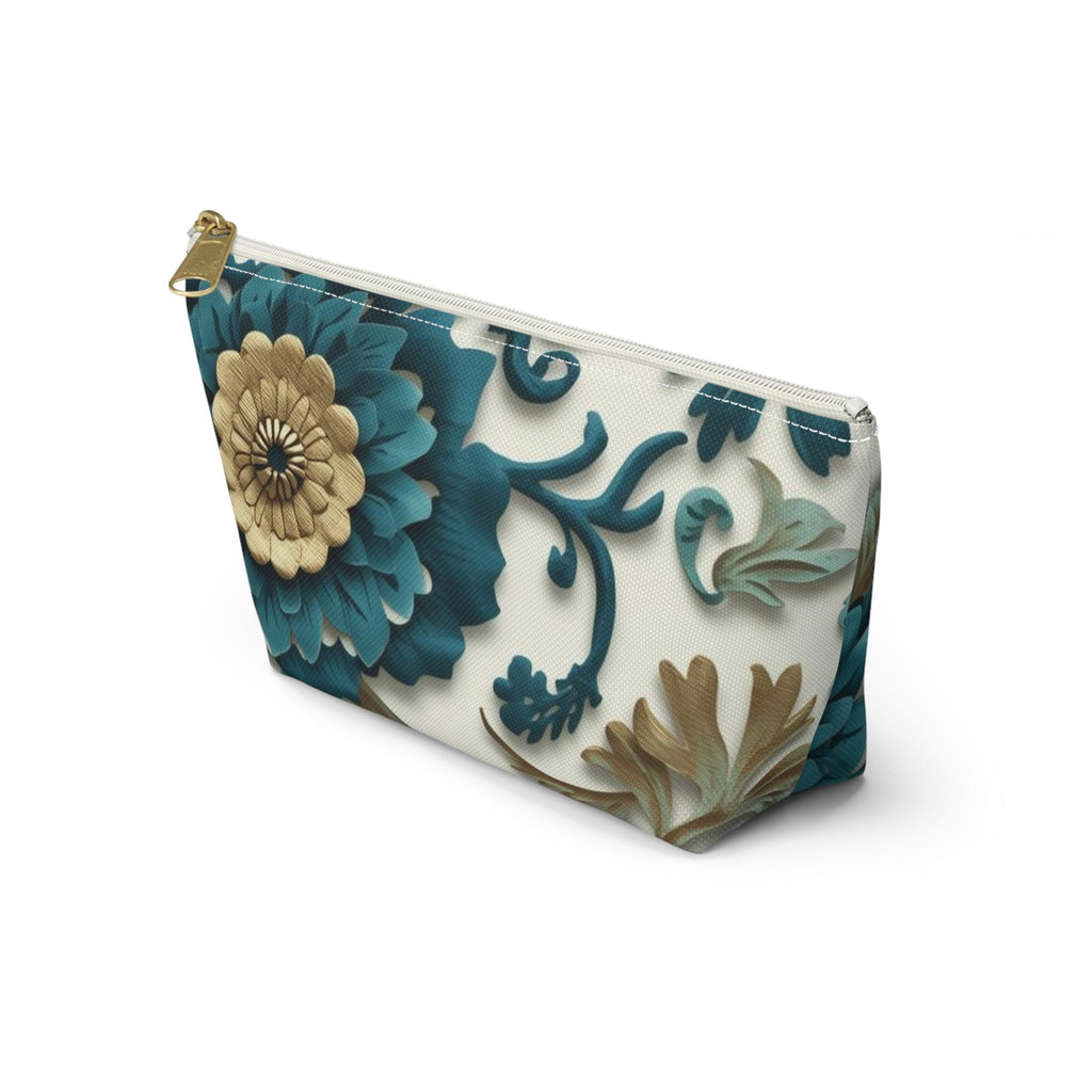 Teal Floral Damask Accessory Pouch - Botanical Art Nouveau Cosmetic Bag