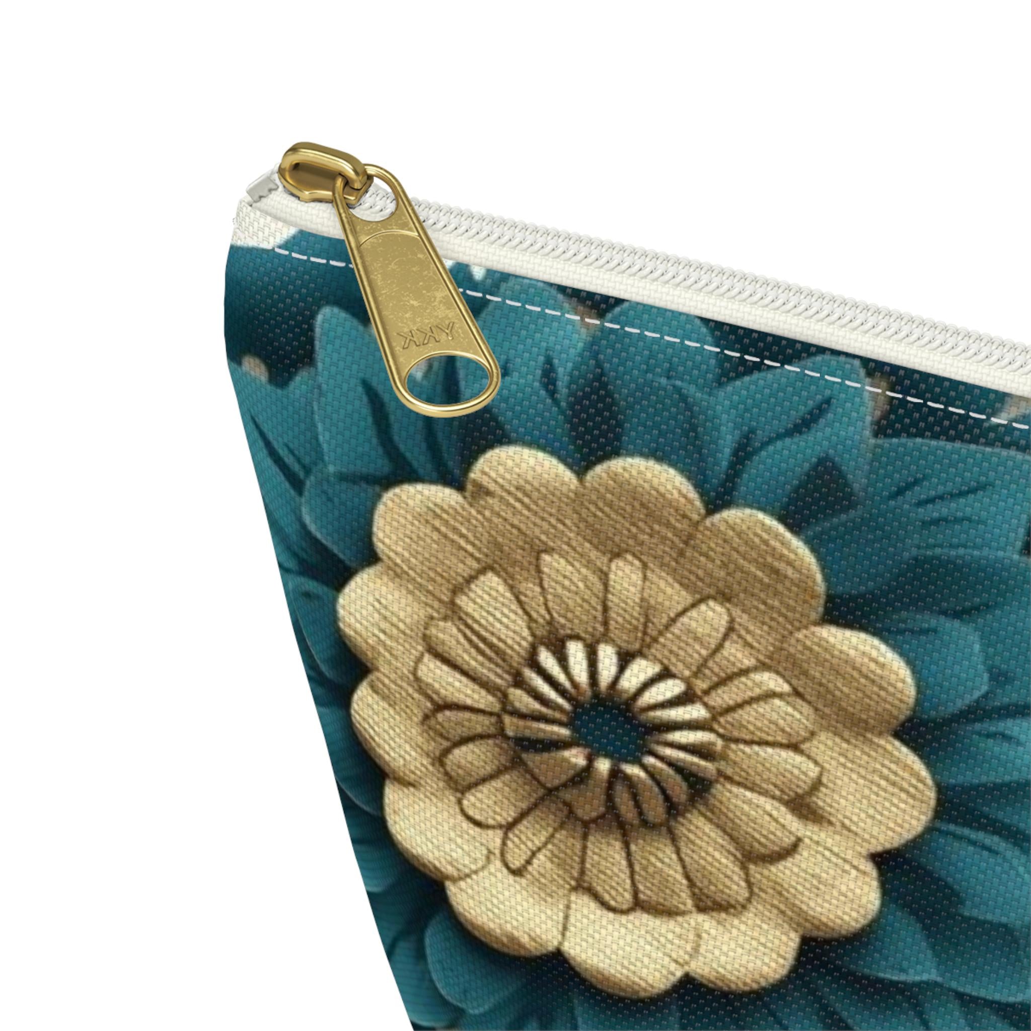 Teal Floral Damask Accessory Pouch - Botanical Art Nouveau Cosmetic Bag
