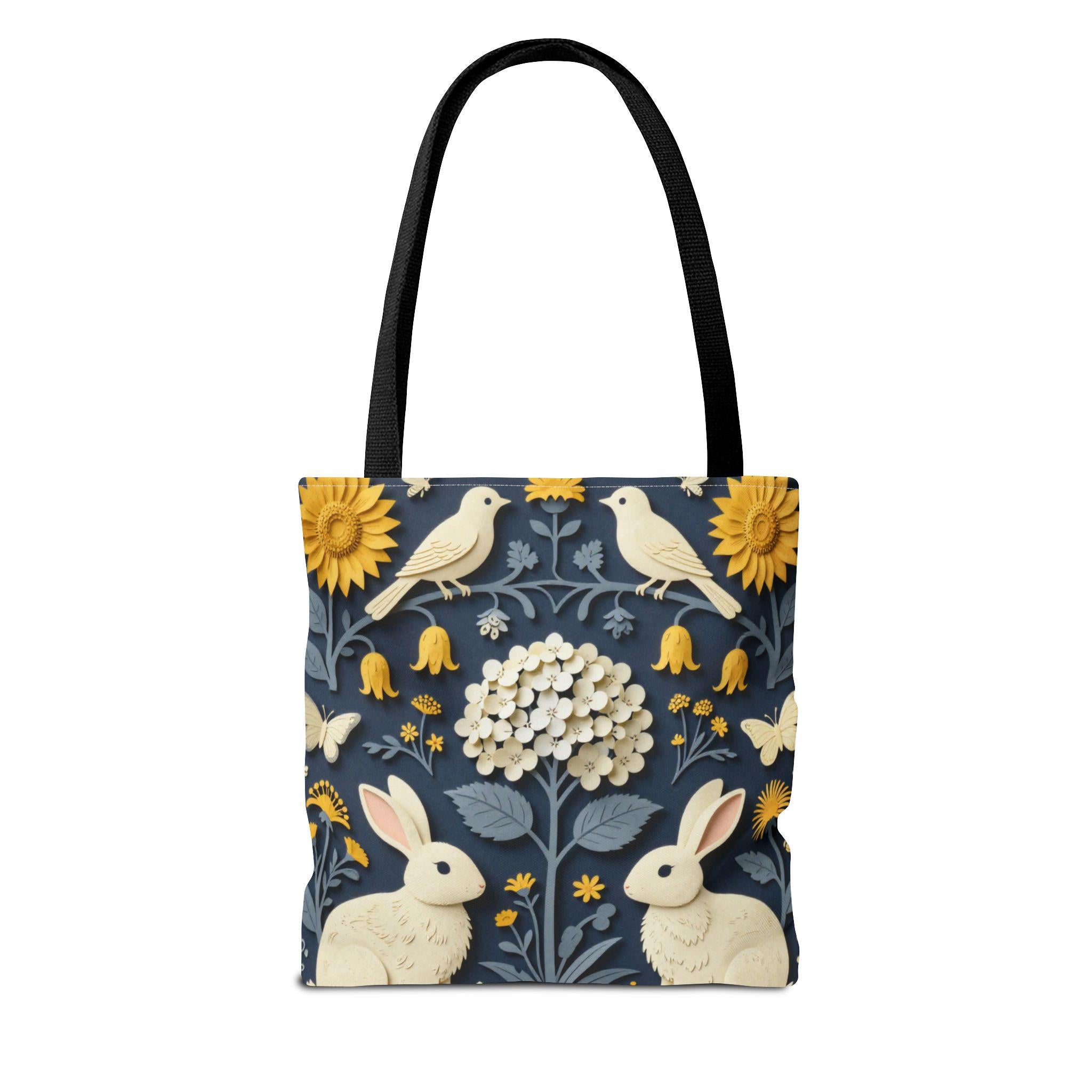 Cottagecore Floral Bunny Tote Bag | Navy Blue Sunflower Rabbit AOP Bag