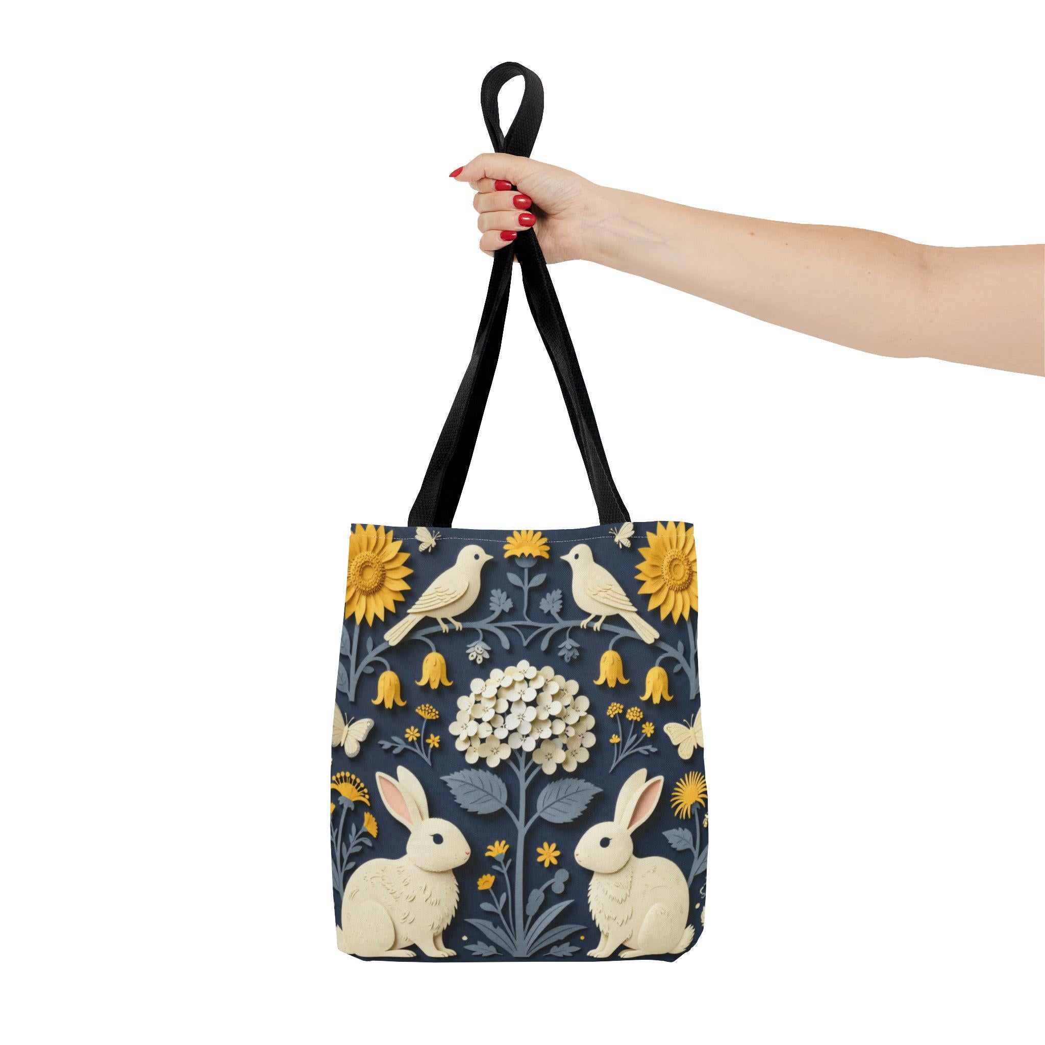 Cottagecore Floral Bunny Tote Bag | Navy Blue Sunflower Rabbit AOP Bag