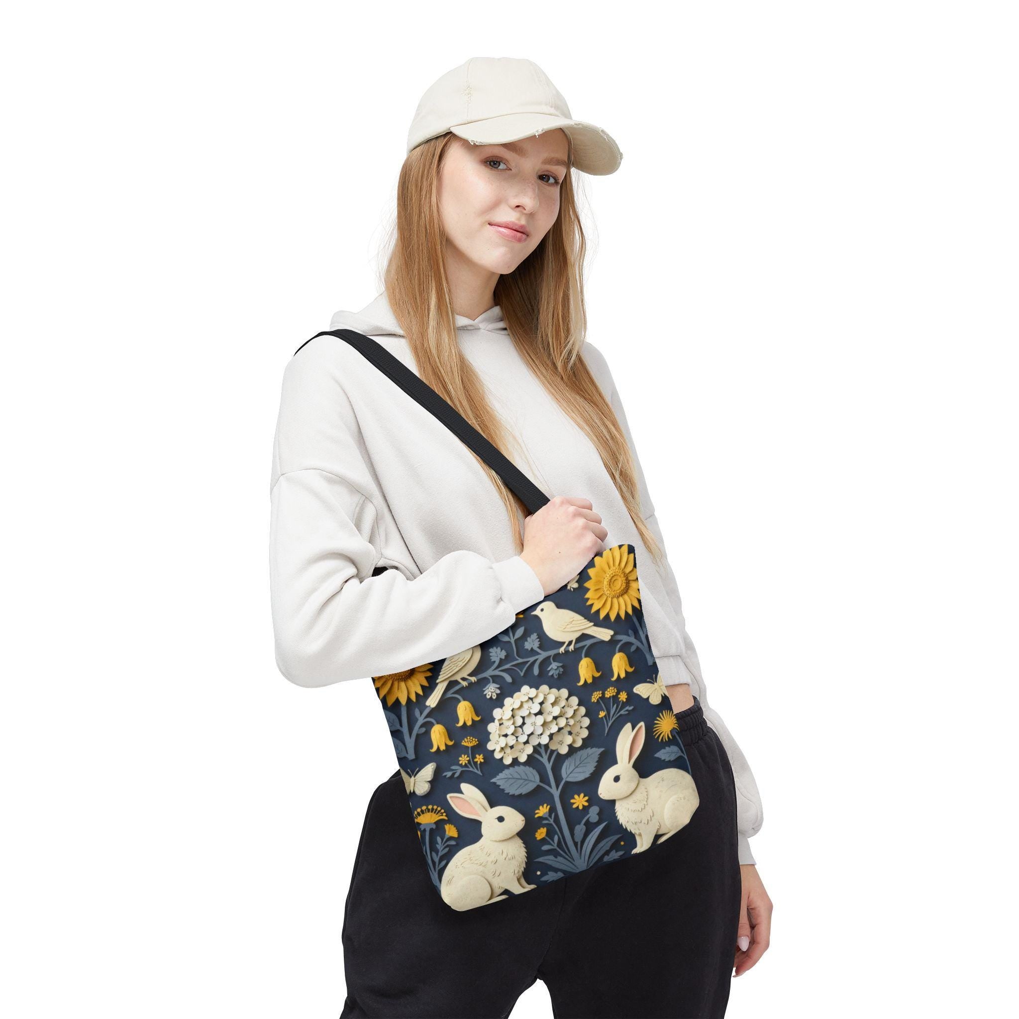 Cottagecore Floral Bunny Tote Bag | Navy Blue Sunflower Rabbit AOP Bag