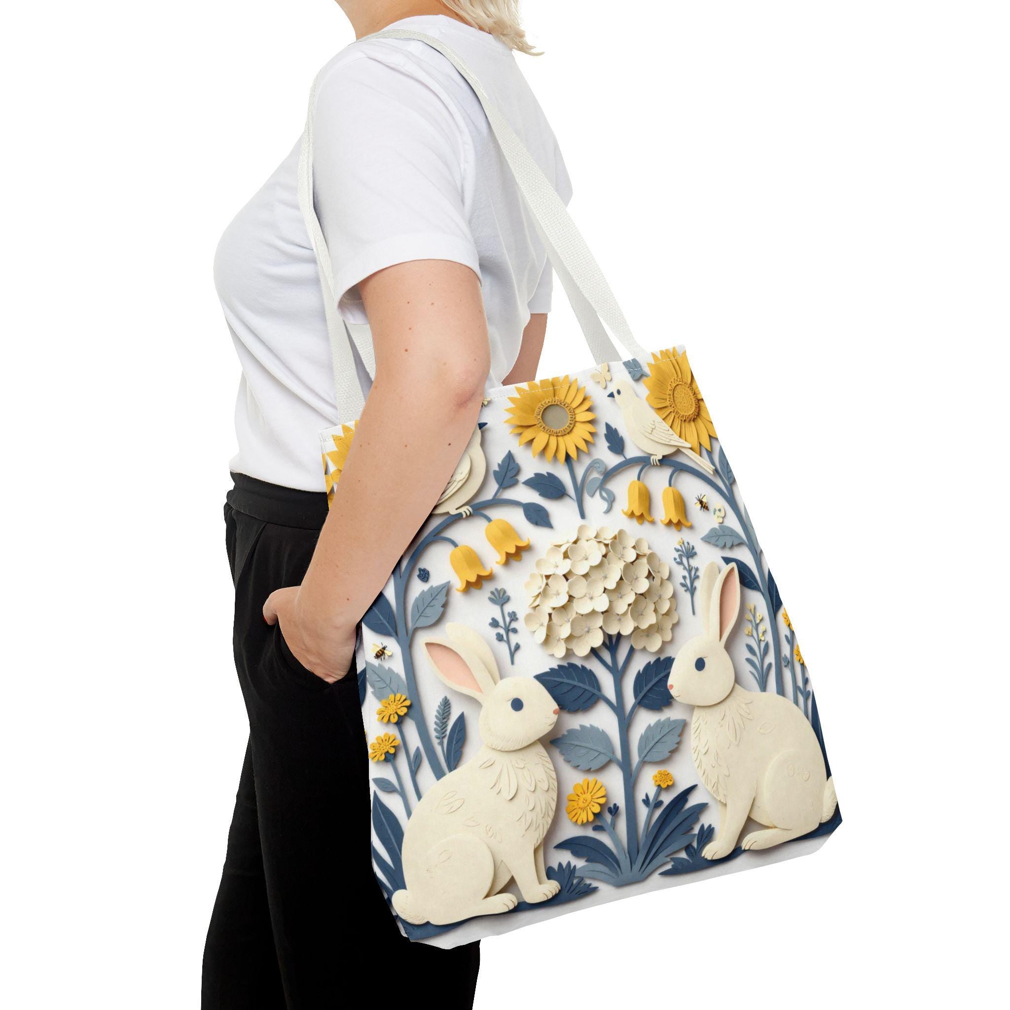 Cottagecore Bunny Floral Canvas Tote Bag, 18" x 18"