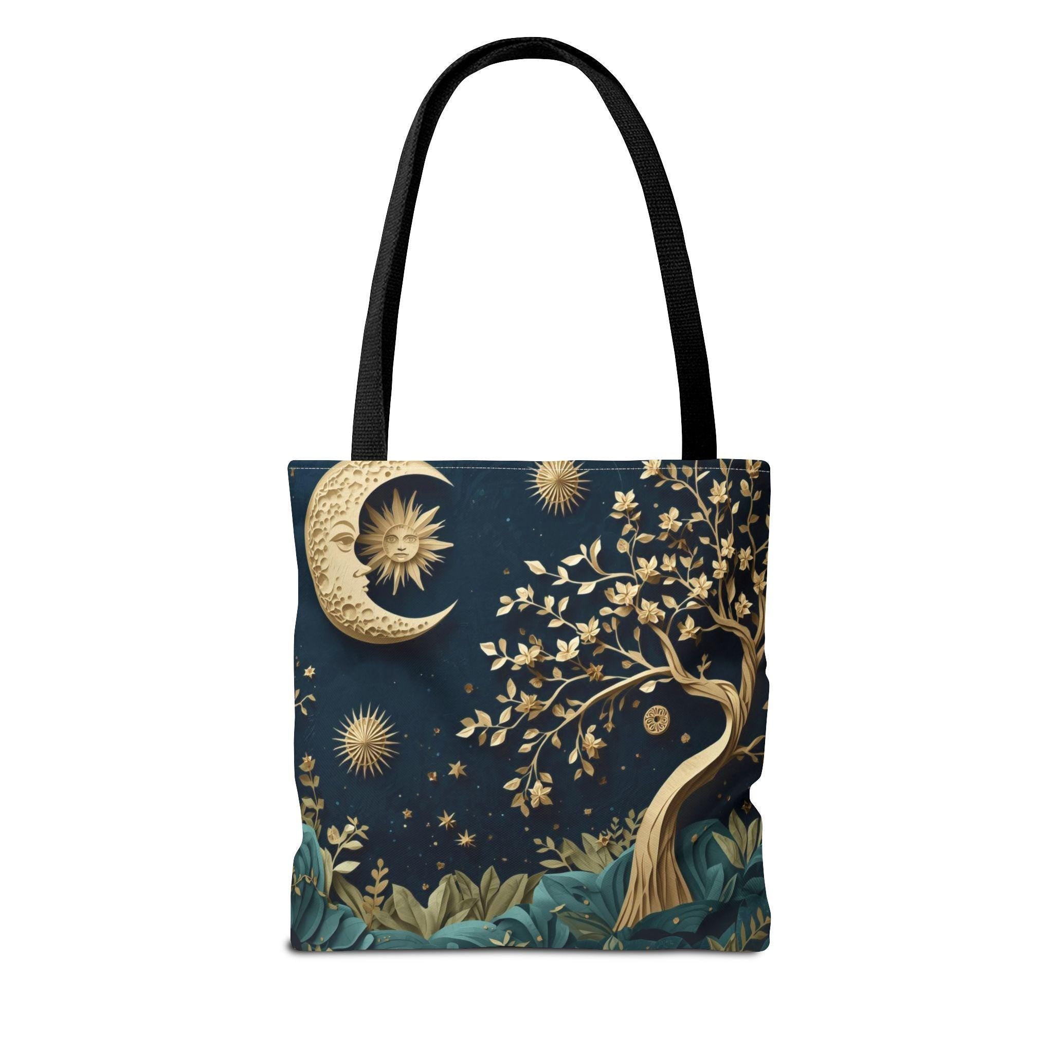 Celestial Moon Tree of Life Tote Bag | Mystical Night Sky Boho Witchy Bag | Gold Moon Stars Canvas Tote