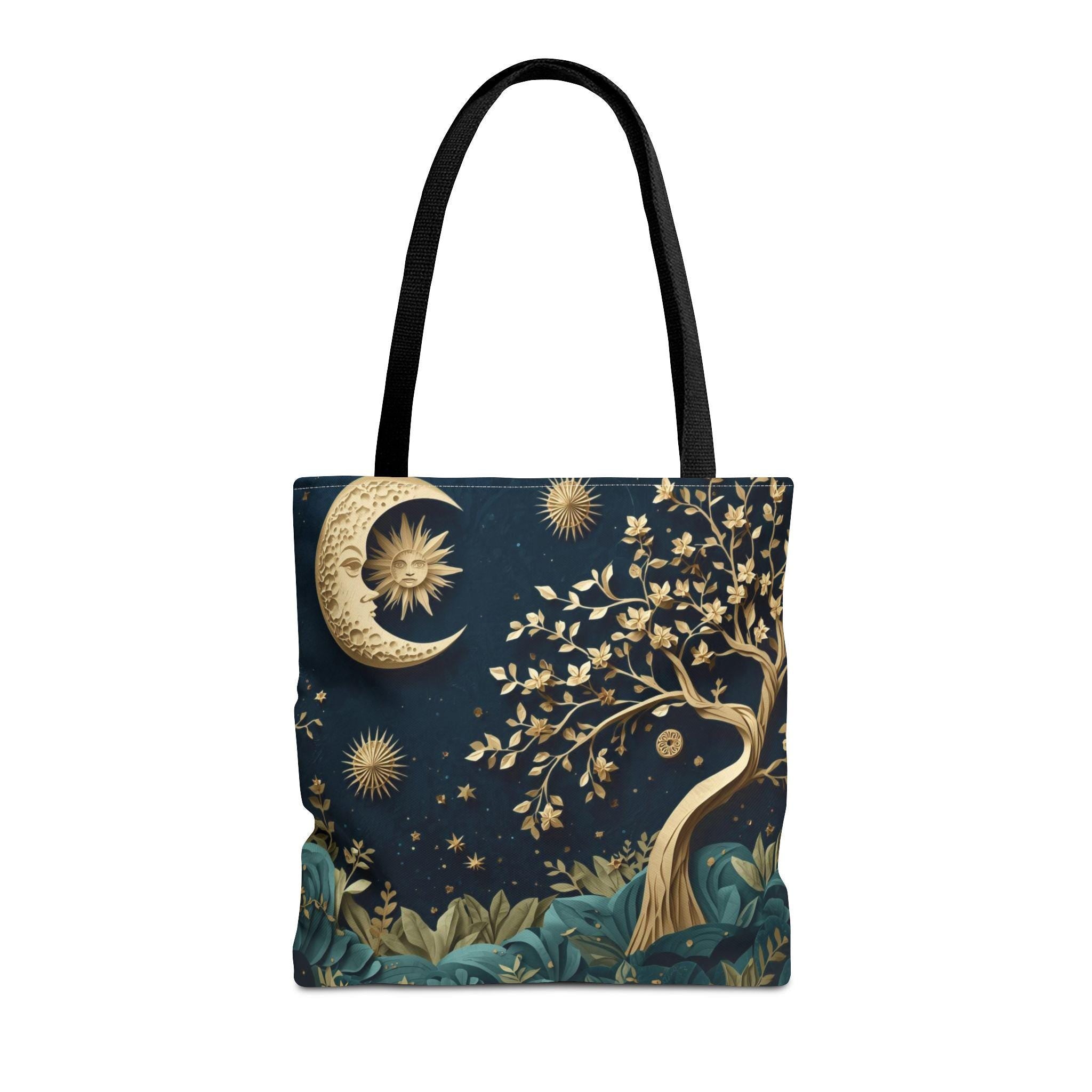 Celestial Moon Tree of Life Tote Bag | Mystical Night Sky Boho Witchy Bag | Gold Moon Stars Canvas Tote