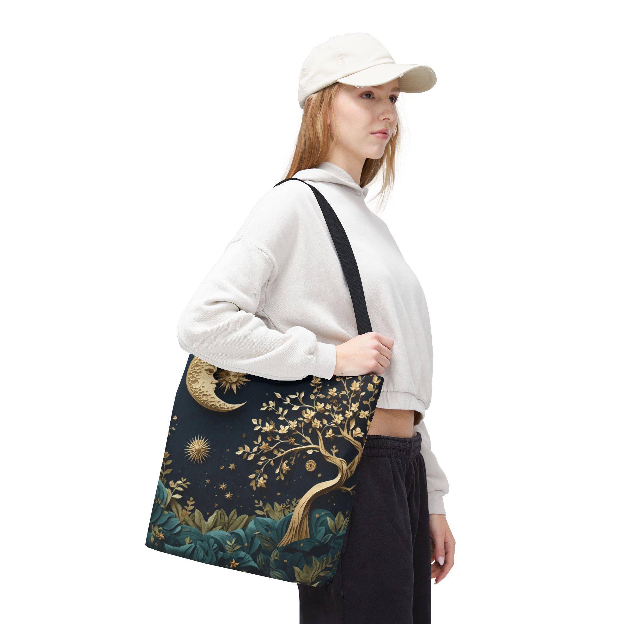Celestial Moon Tree of Life Tote Bag | Mystical Night Sky Boho Witchy Bag | Gold Moon Stars Canvas Tote