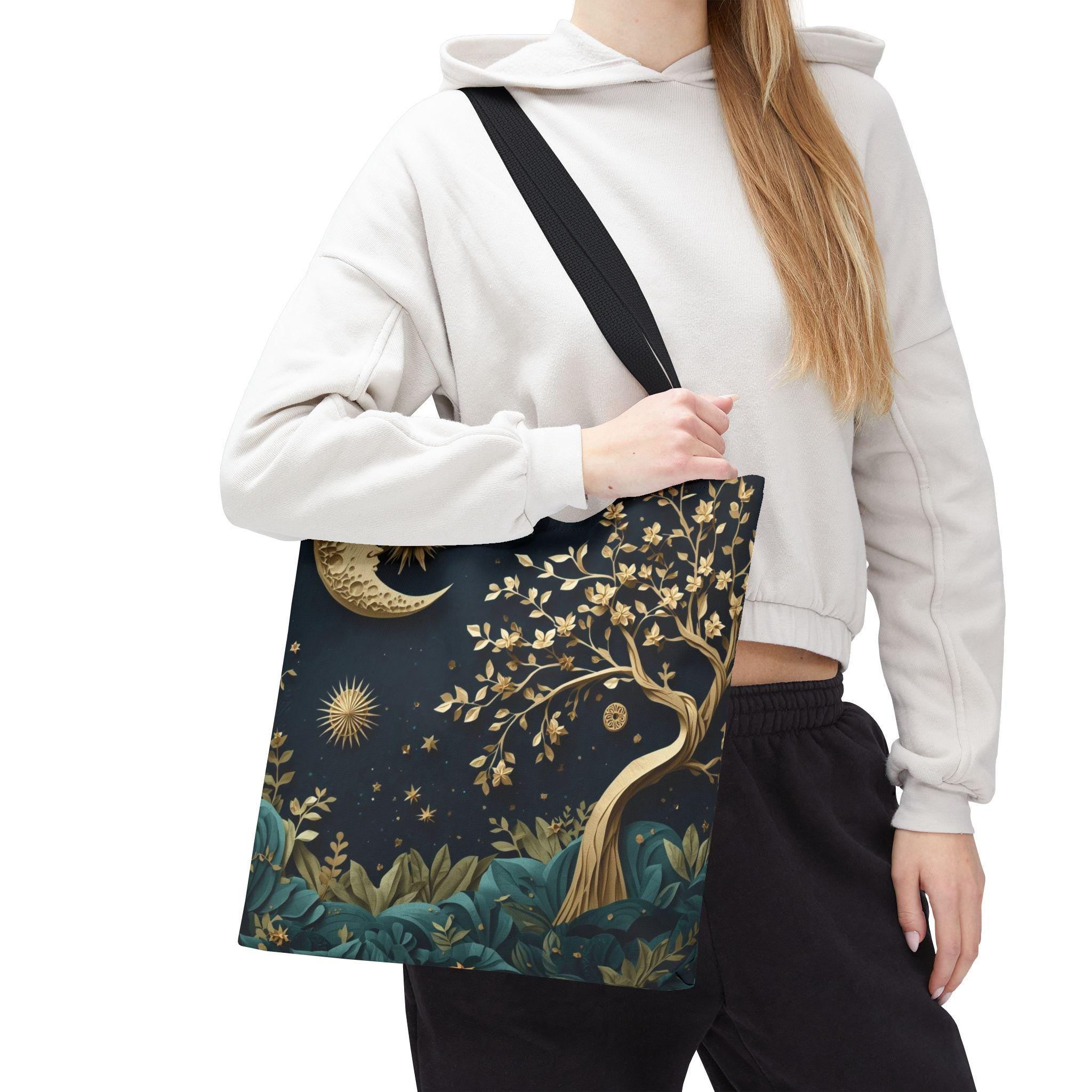 Celestial Moon Tree of Life Tote Bag | Mystical Night Sky Boho Witchy Bag | Gold Moon Stars Canvas Tote