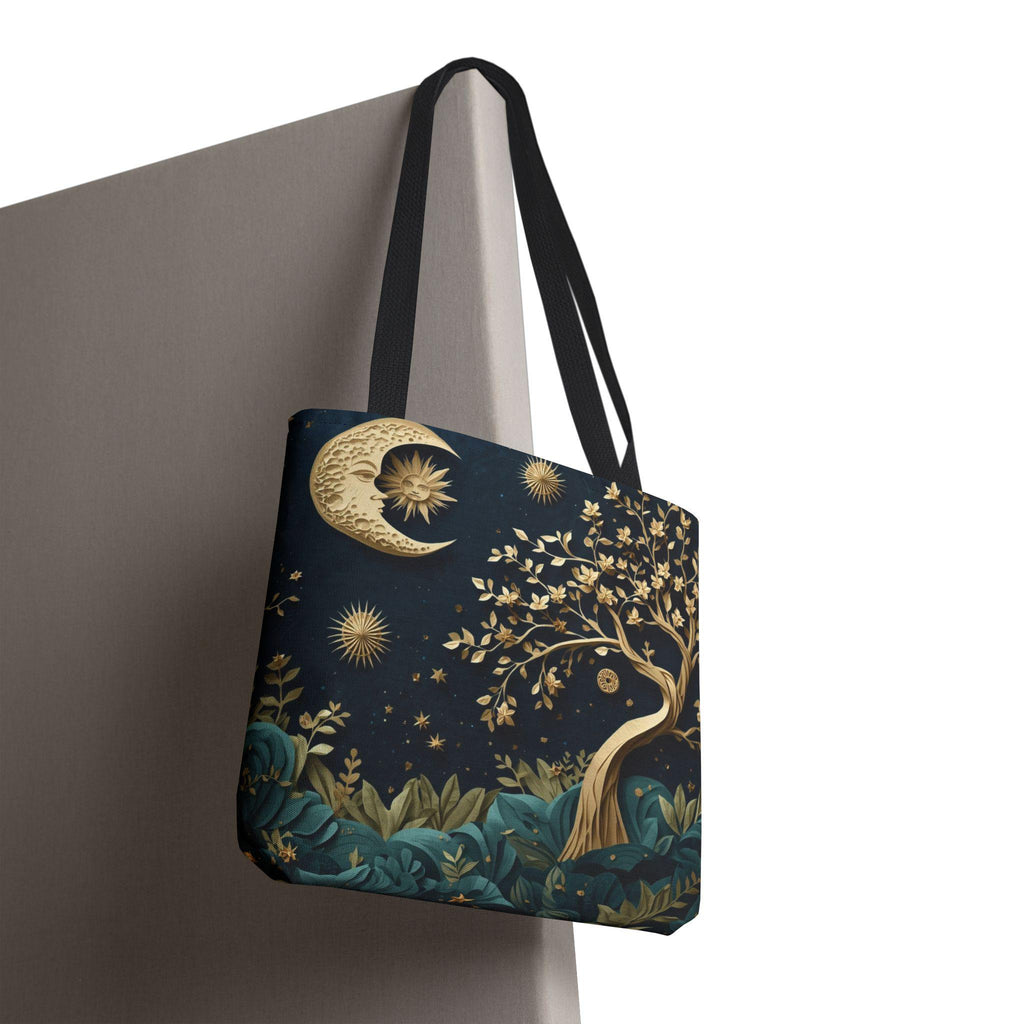 Celestial Moon Tree of Life Tote Bag | Mystical Night Sky Boho Witchy Bag | Gold Moon Stars Canvas Tote